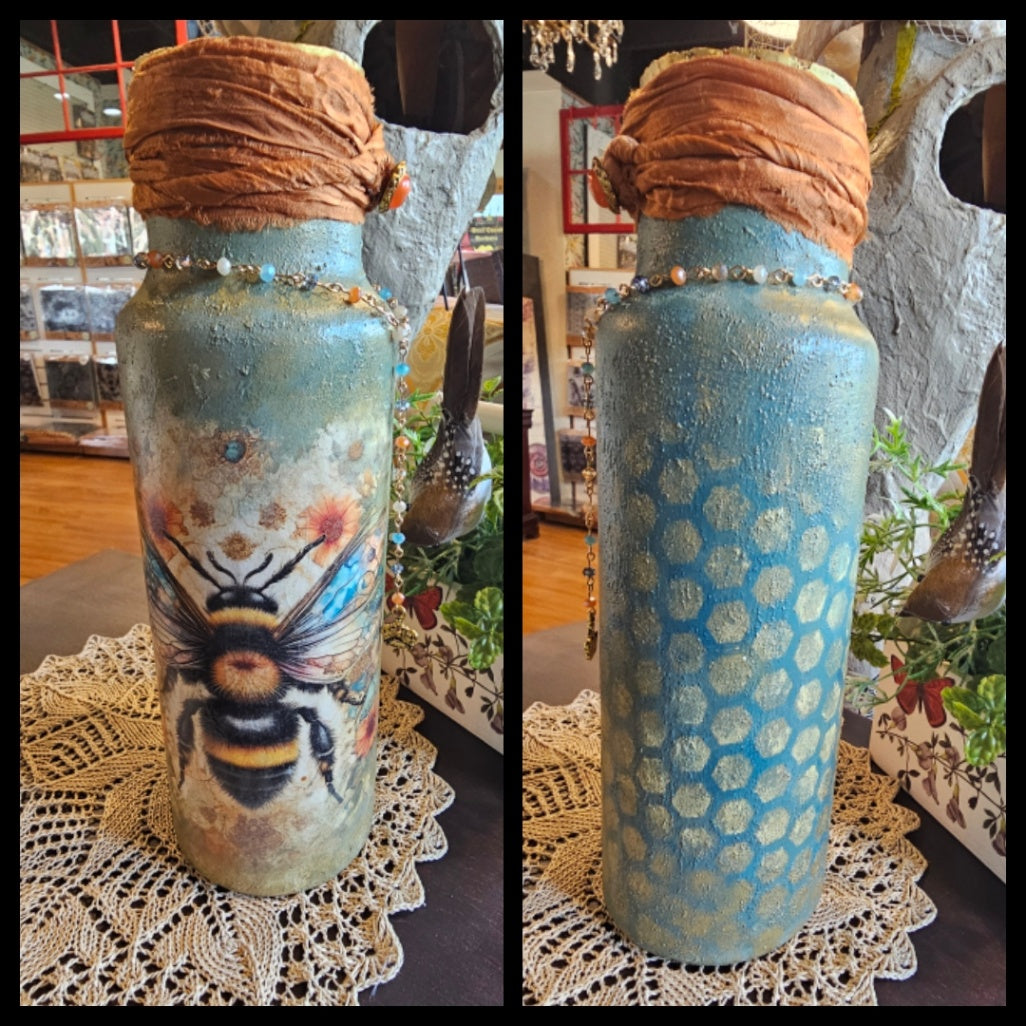 Bee themed decoupage bottle