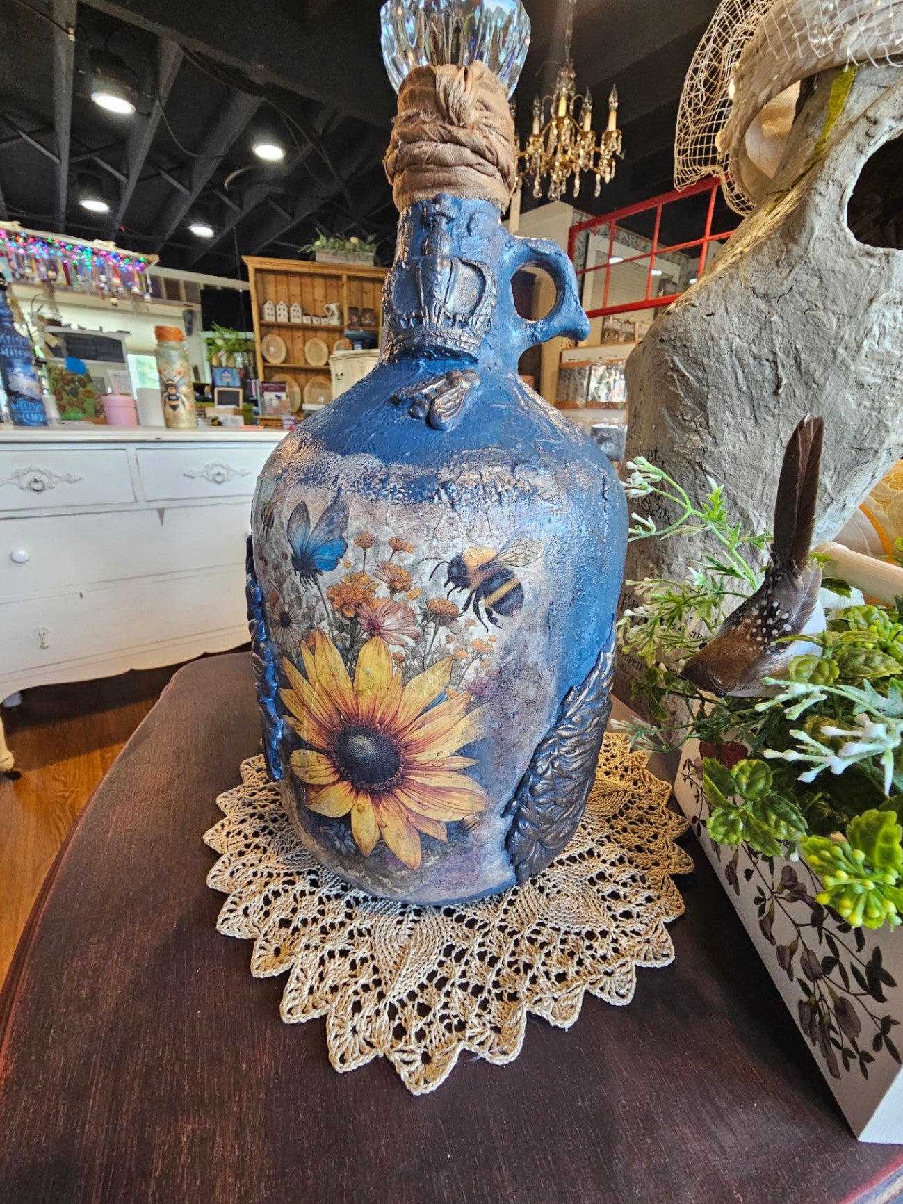 Sunflower decoupaged jug 14" Blue
