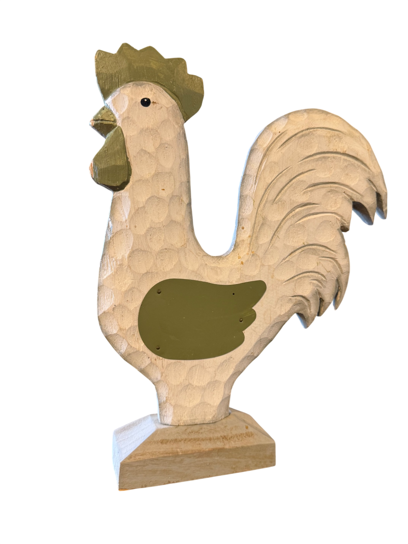 White and green carved wooden chicken