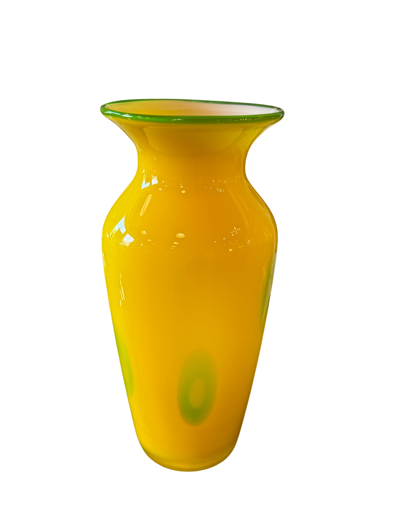 Large Yellow Art Glass Vase with Green Accents