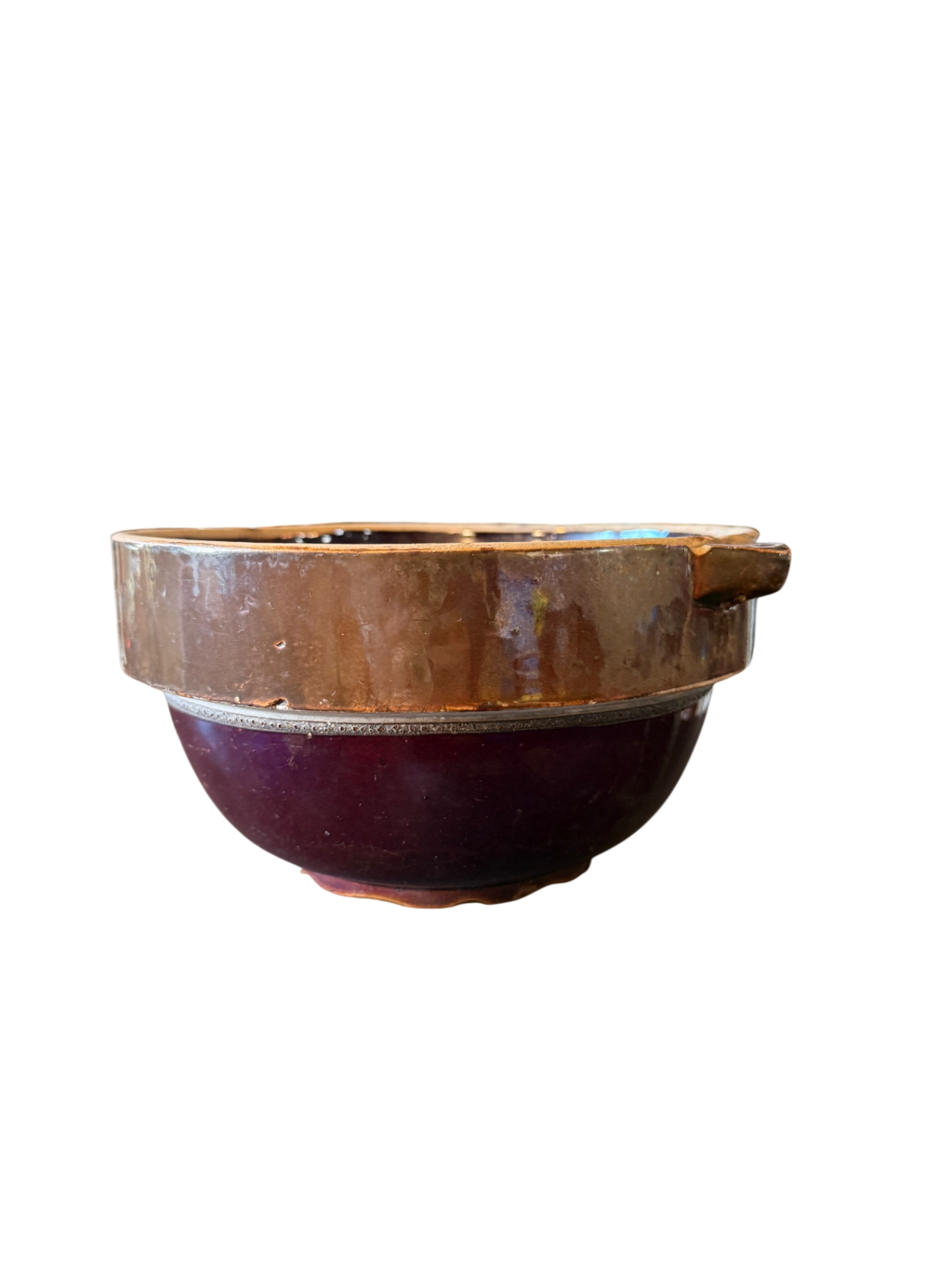 Vintage Brown Glazed Stoneware Bowl with Handles