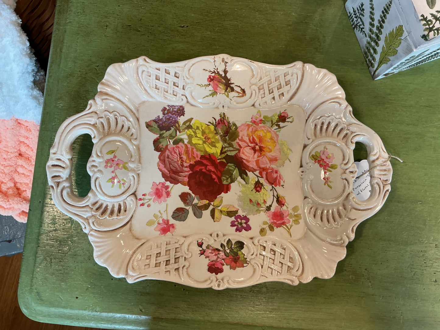 Decorative Flower Pot Approximately 12 x 12 inches Cream/Beige with Multicolored Floral Pattern