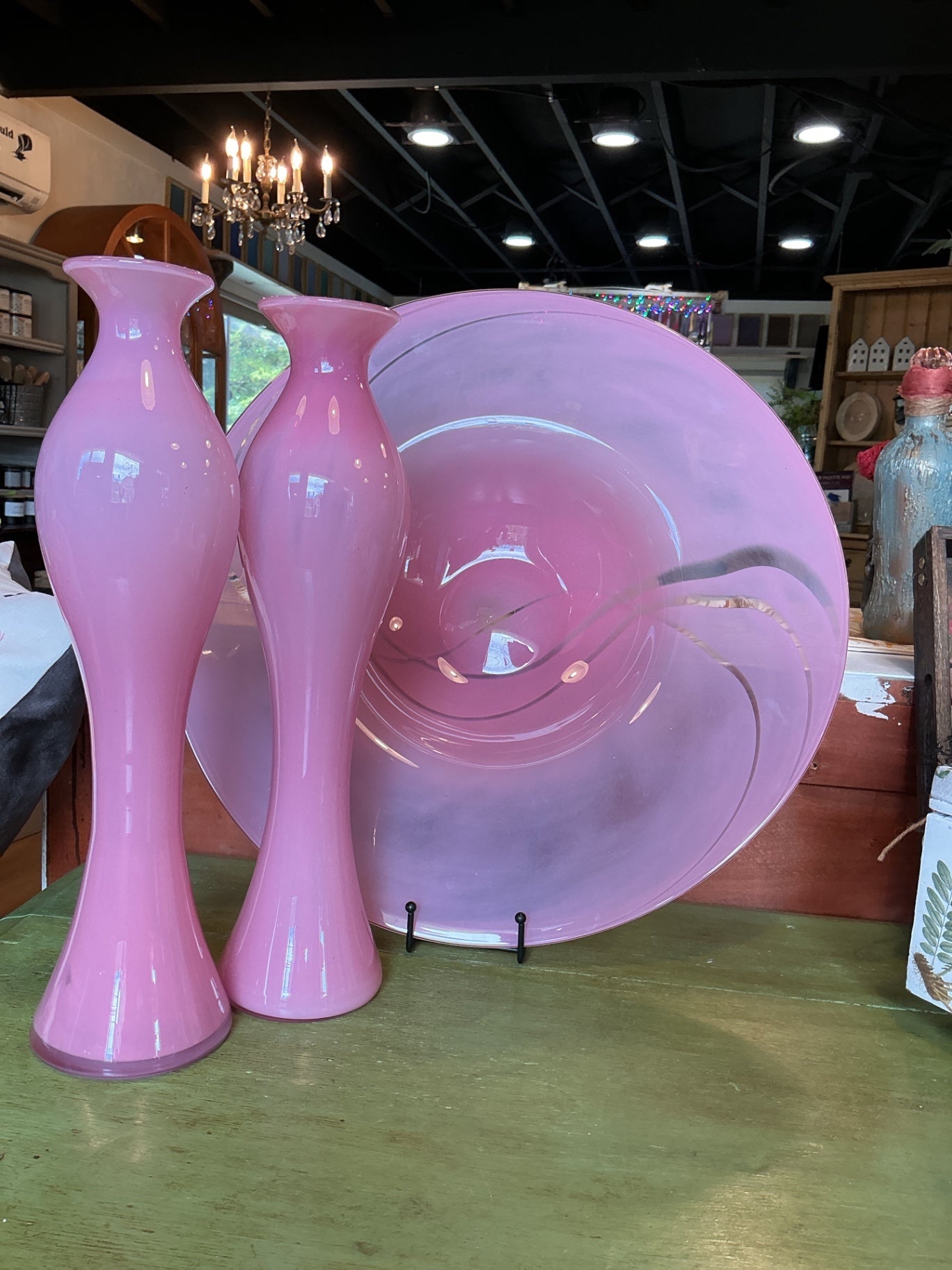 Pink glass bowl and matching vases