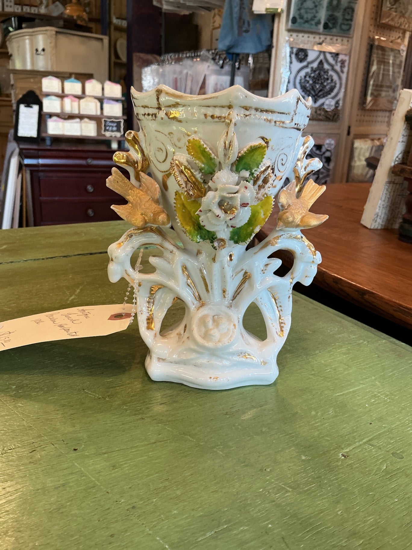 Decorative Floral Vase Cream/White with Green, Gold accents