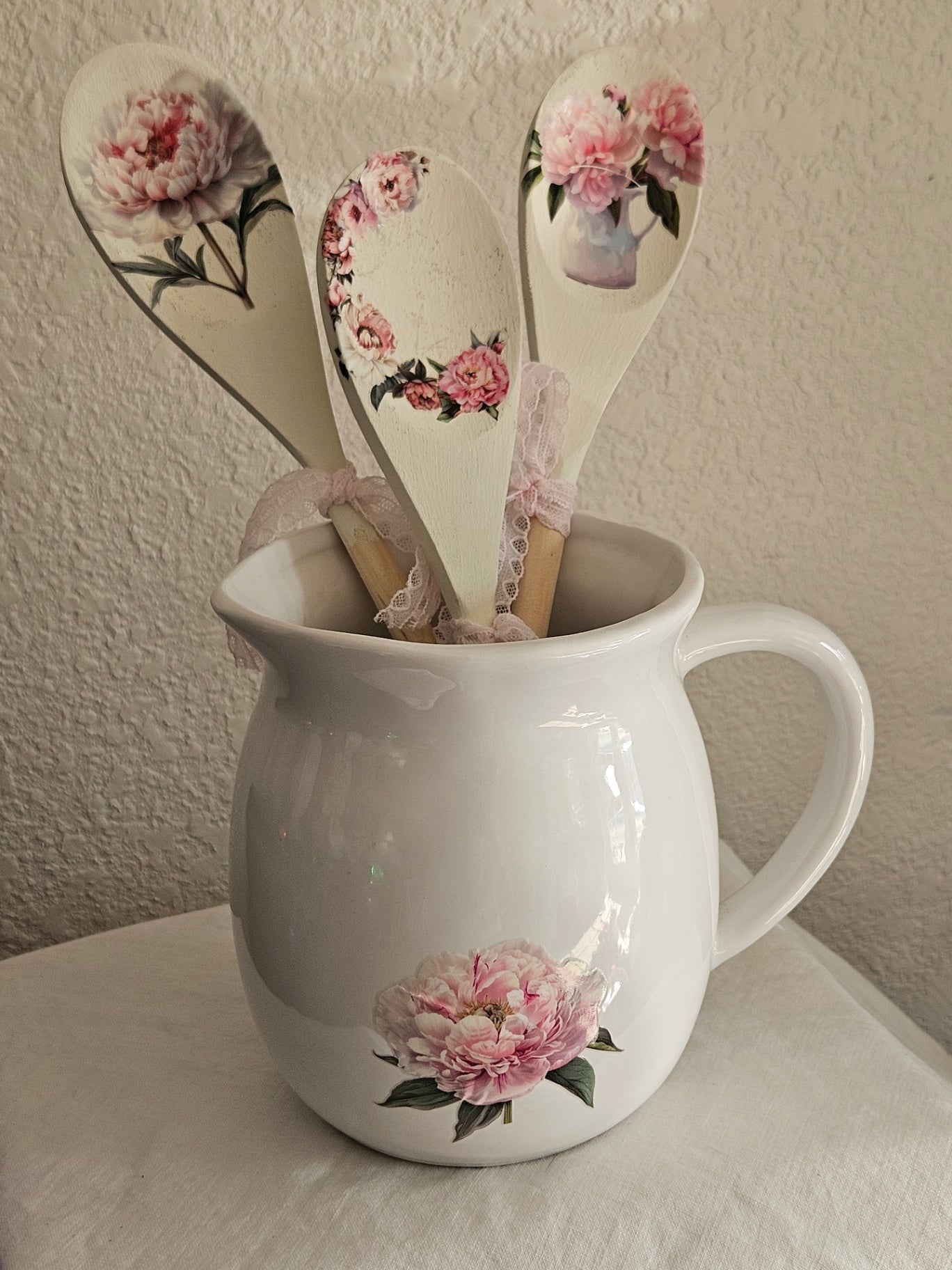 Pink Flowered Ceramic Pitcher/Decorative Wooden Spoons