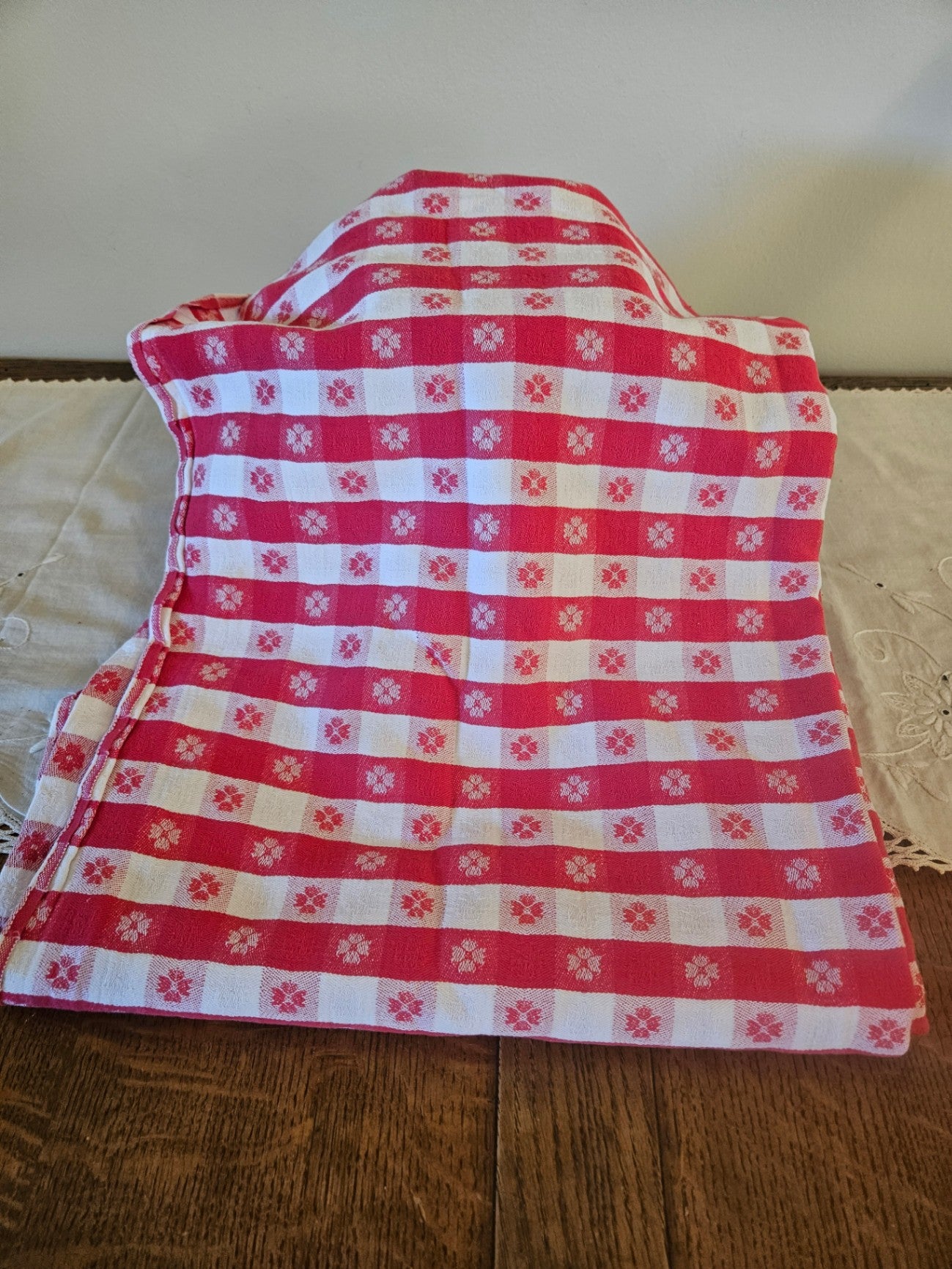 Vintage red white check tabecloth 50x52 approx