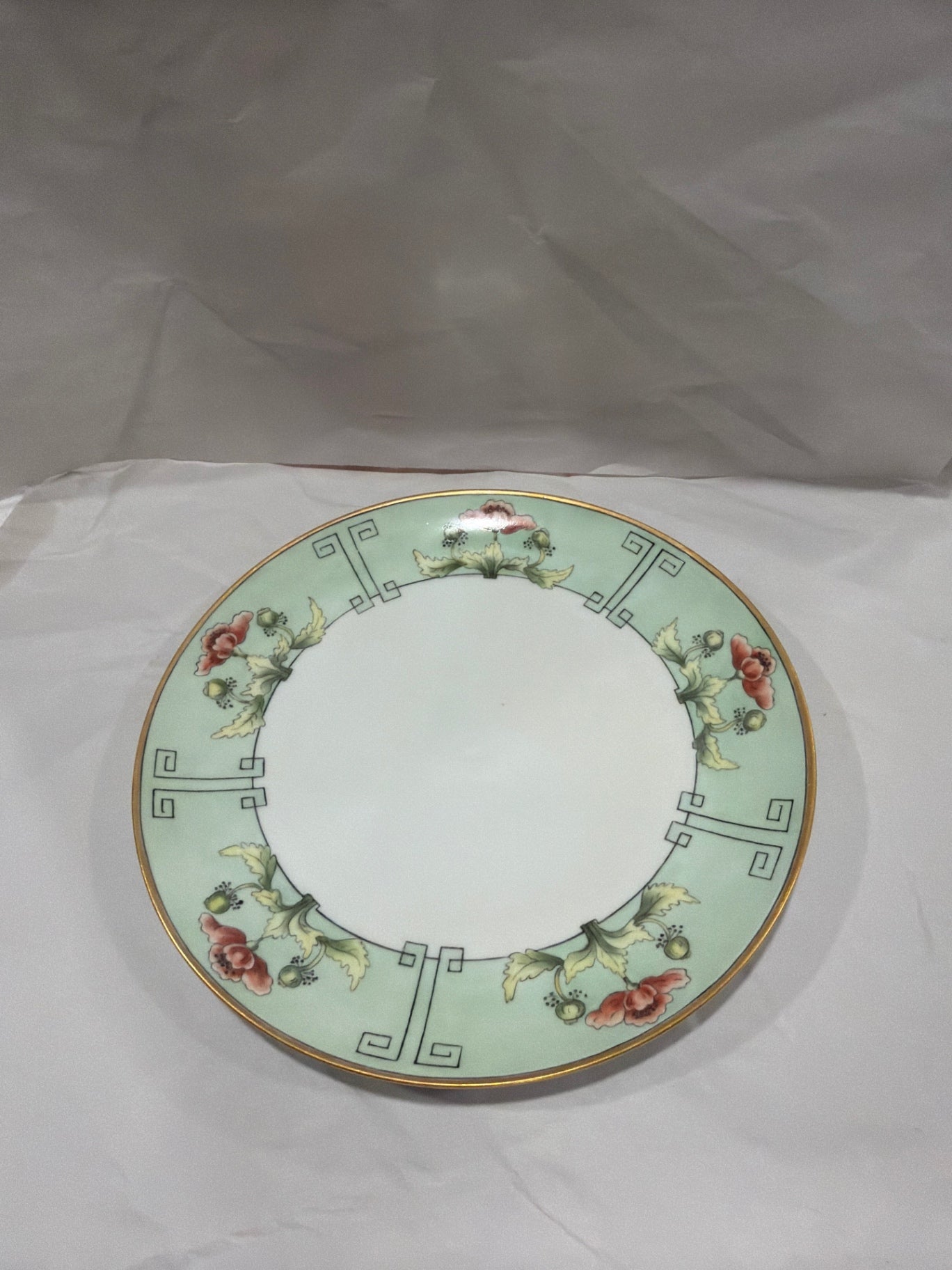 8.5" Jade & White Gold Rimmed Hand Painted Plate with Red Poppies