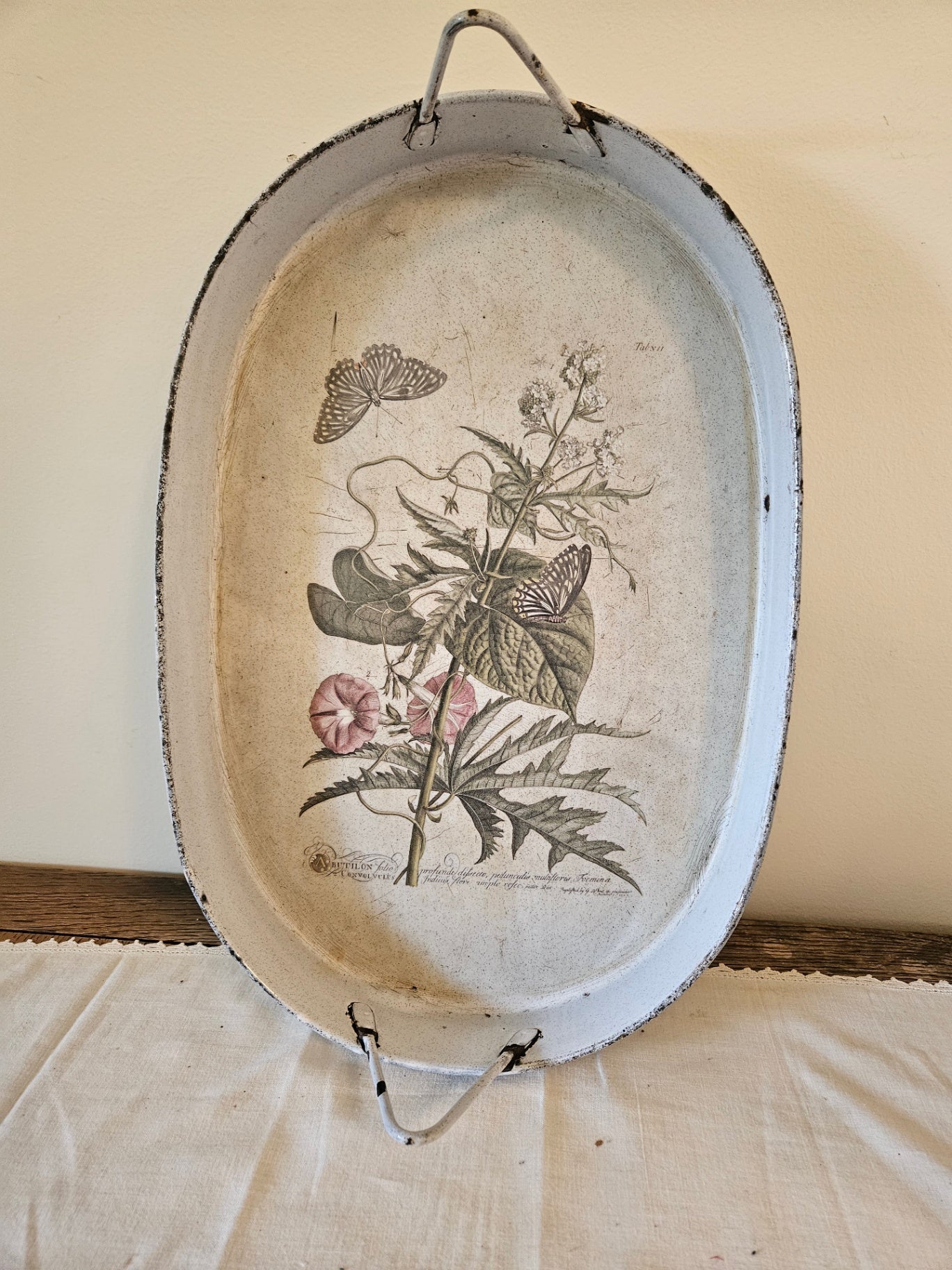Vintage metal tray with flowers