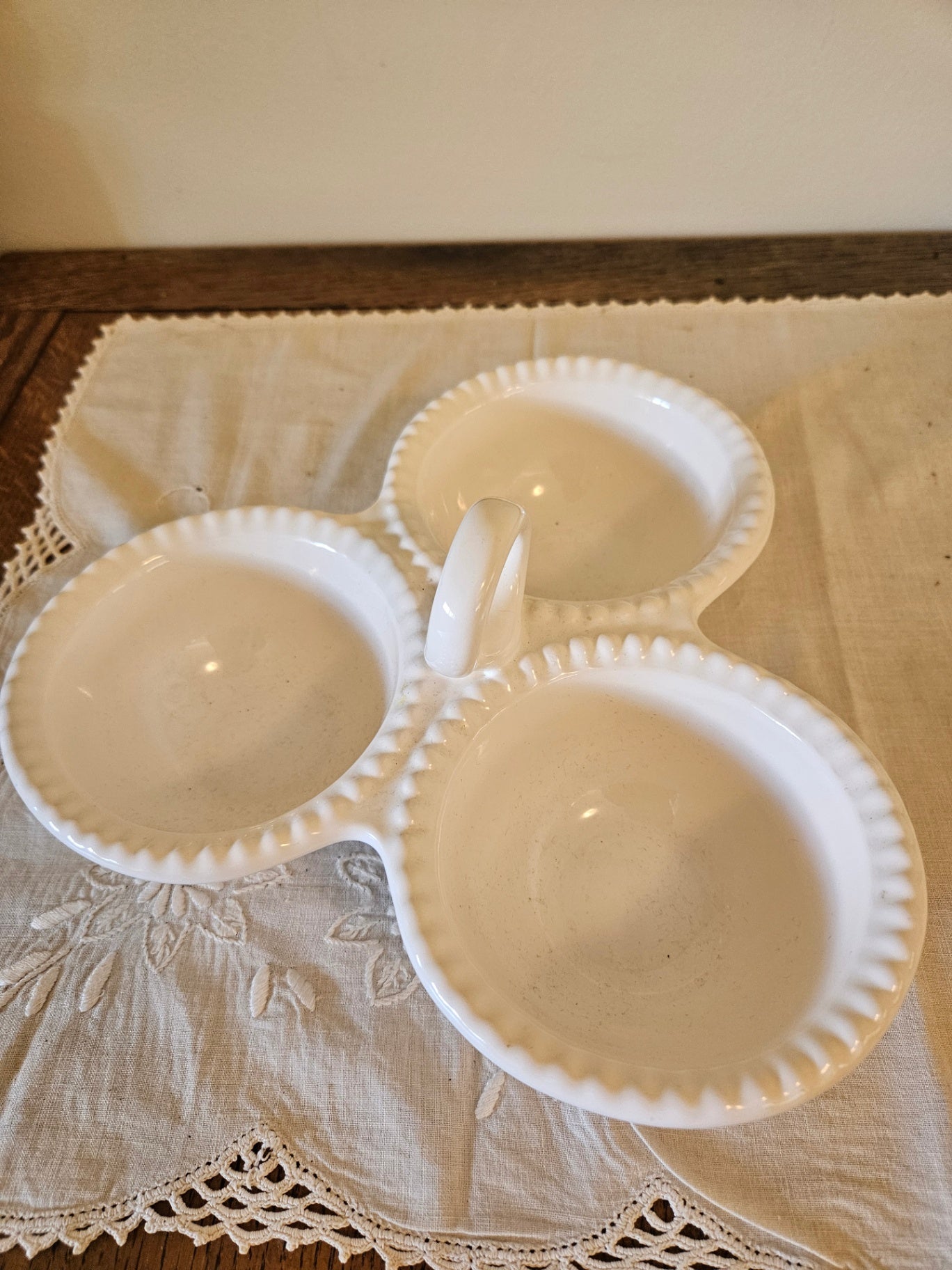 White ceramic triple condiment dish/Portugal