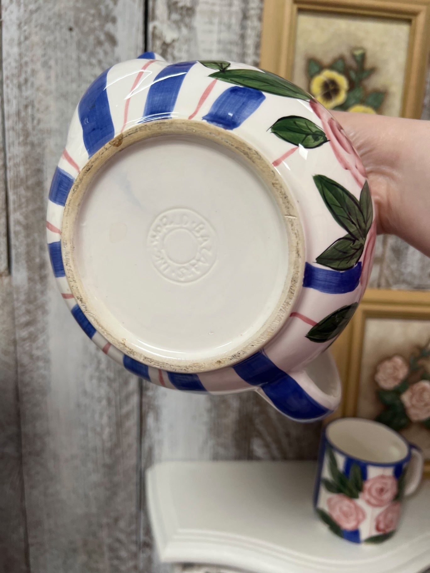 Vintage World Bazaars Rose & Striped Teapot