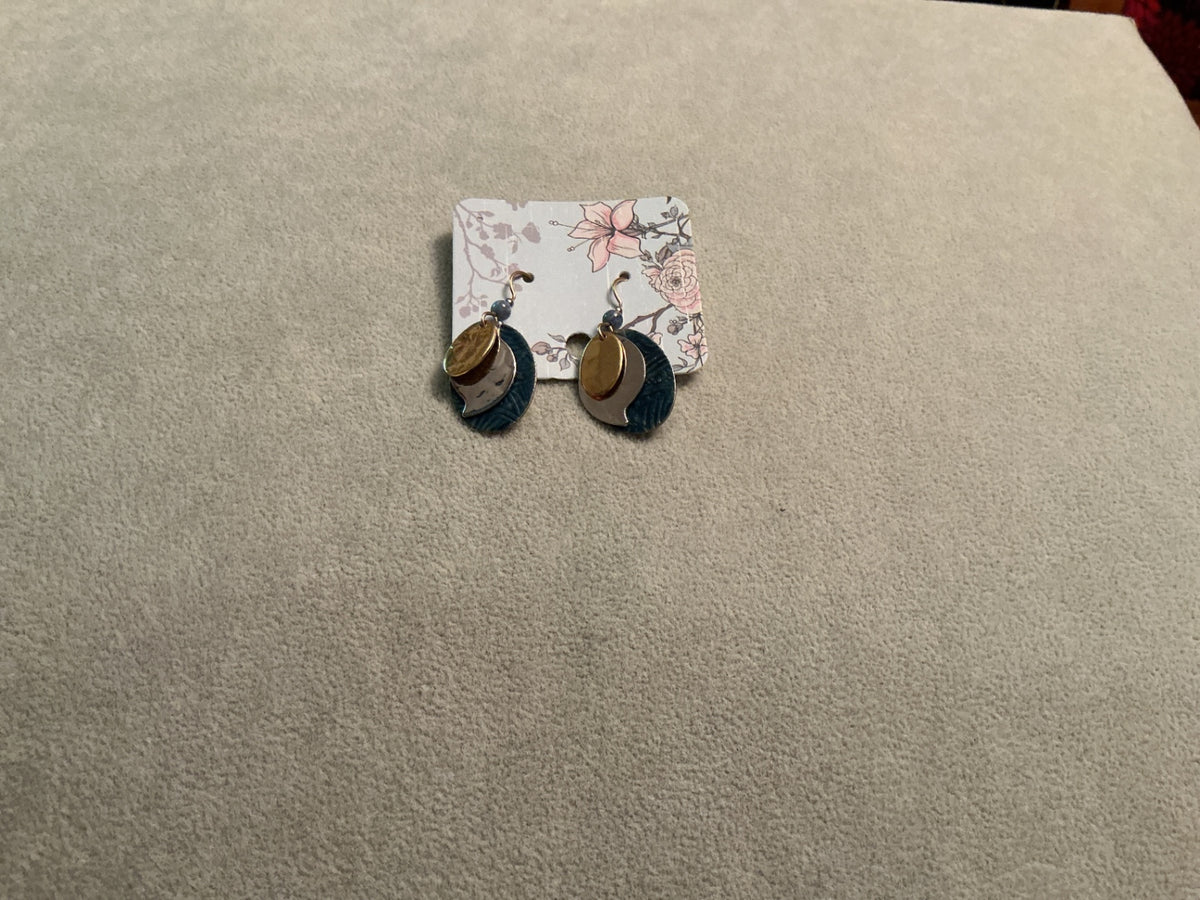Gold, silver & teal blue earrings