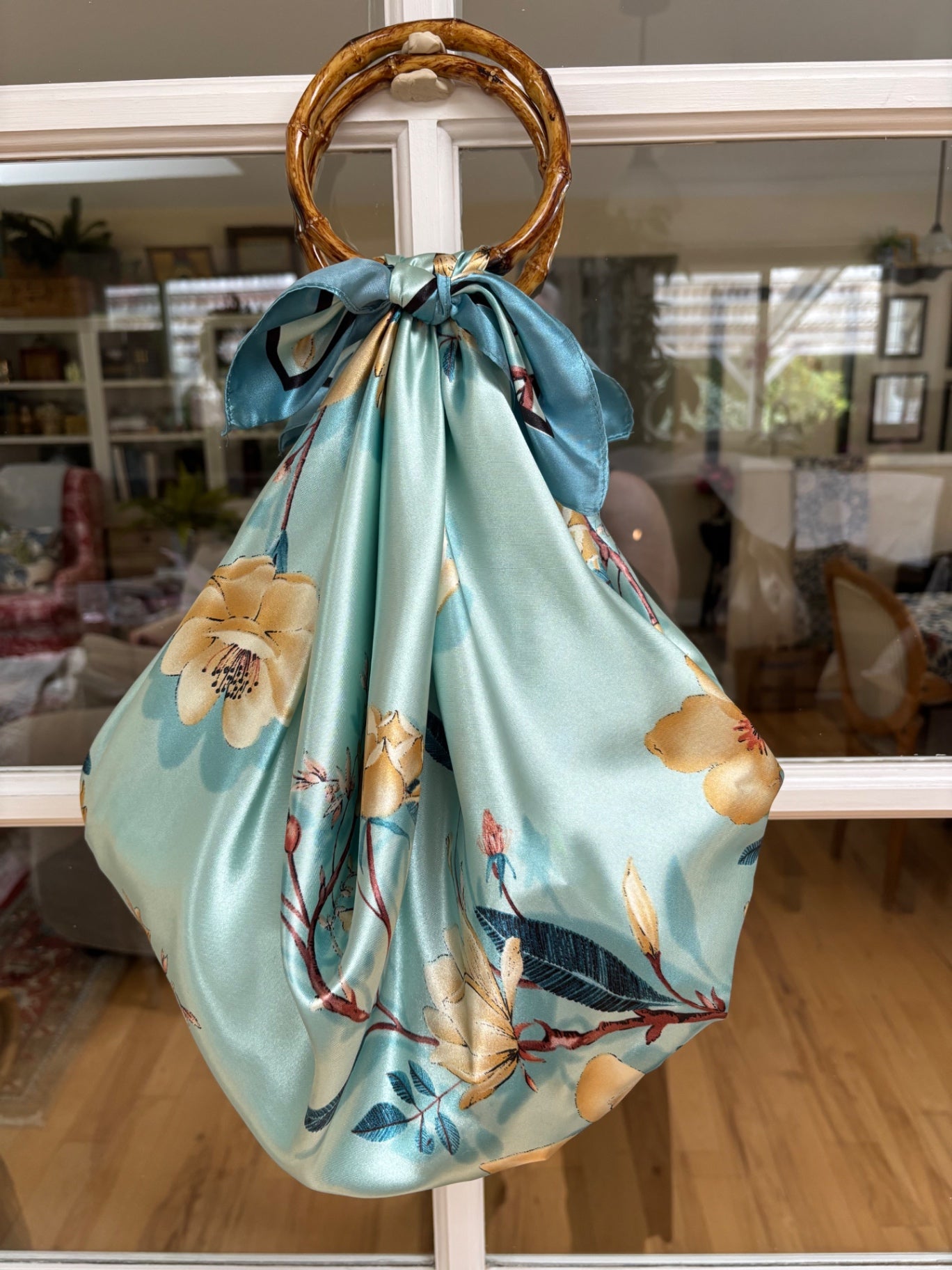 Boho Bag - Bamboo Handle, mint floral
