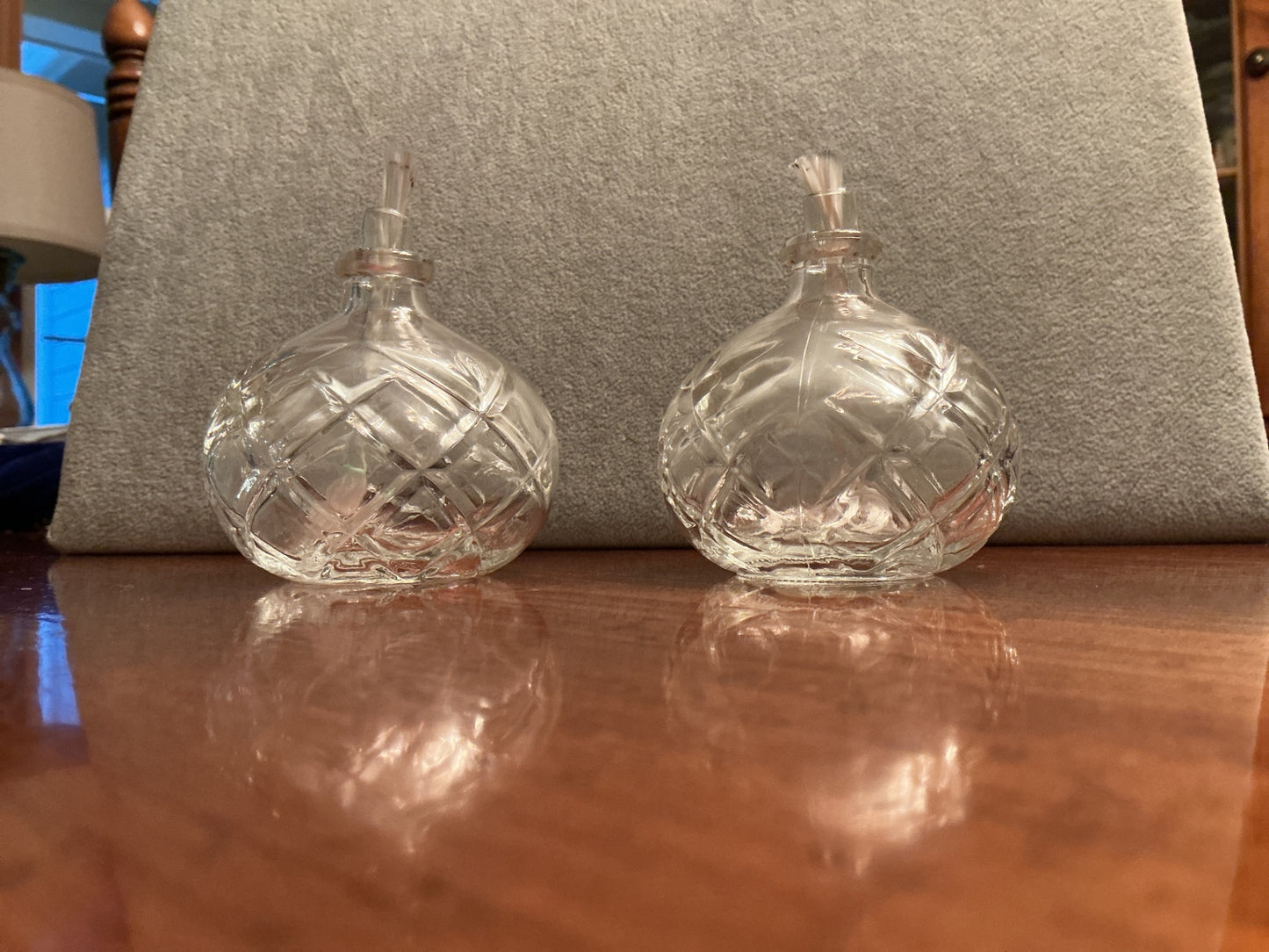 Lamplight Farms, two glass oil lamps