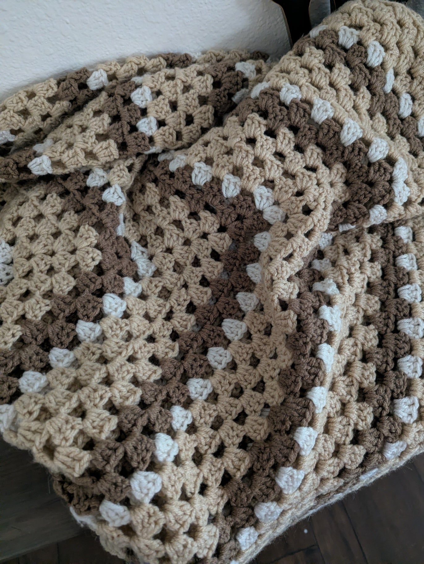Vtg. Brown & Tan Crochet Blanket 52" x 54"