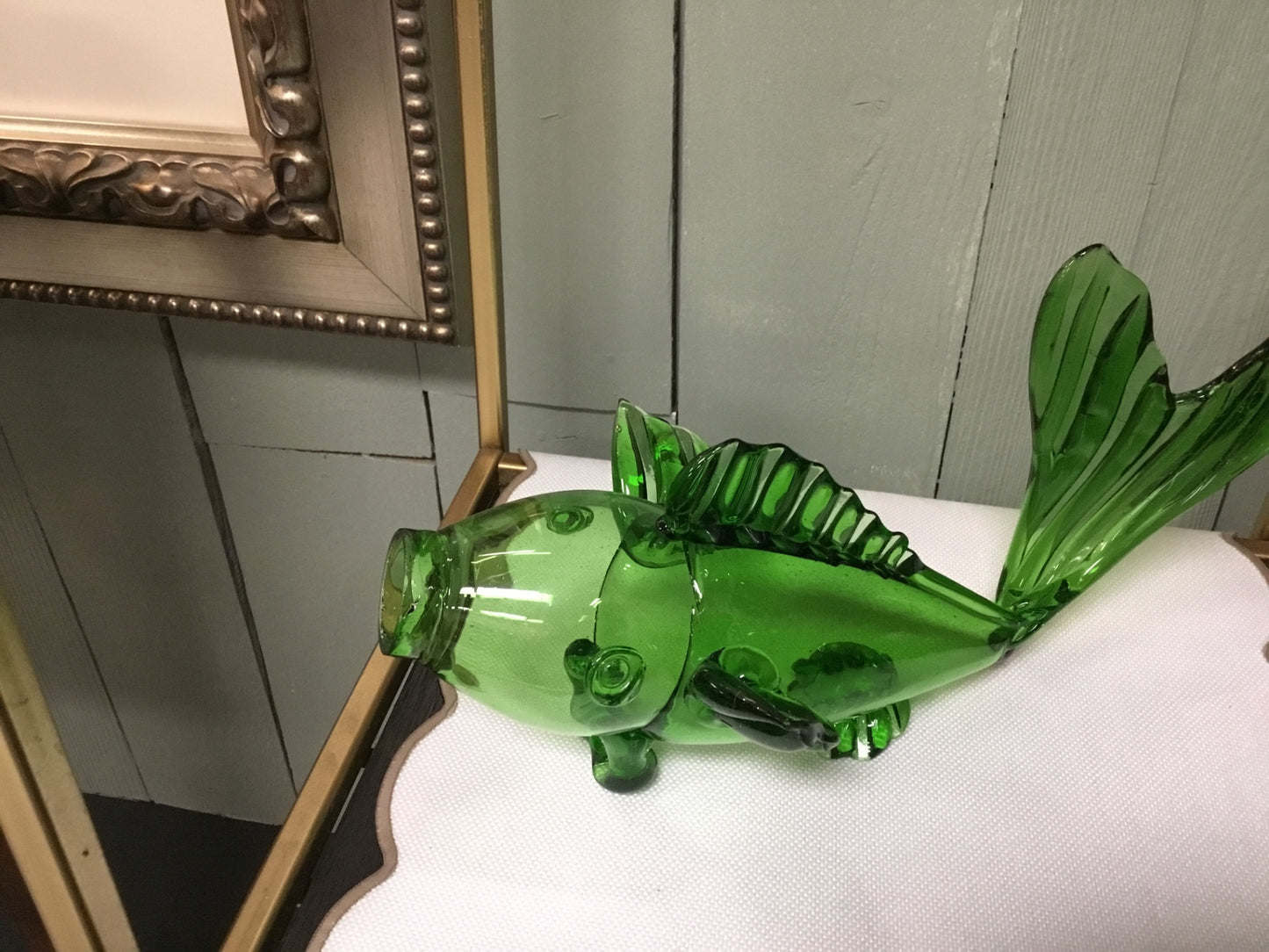 Hand blown green fish decanter