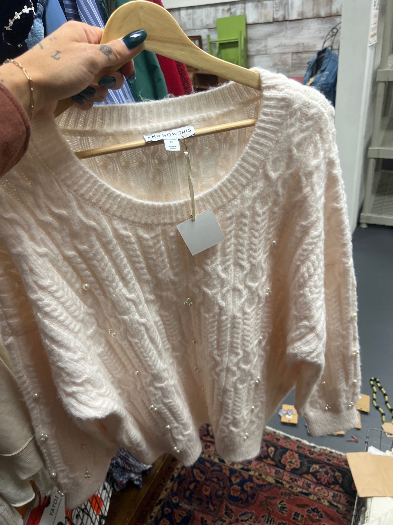 3X white pearl sweater