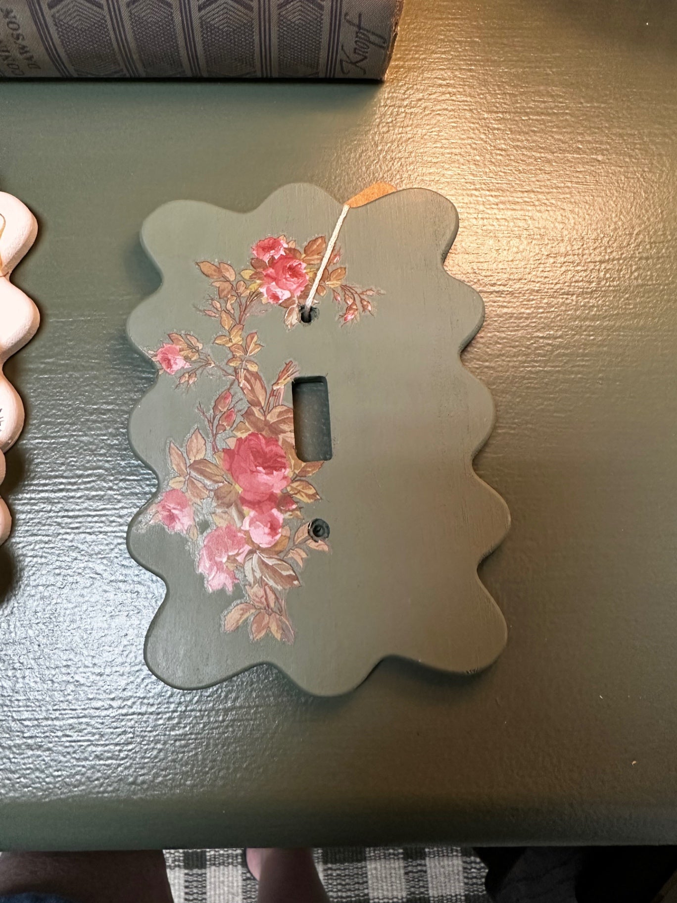 Light switch cover green with pink flowers
