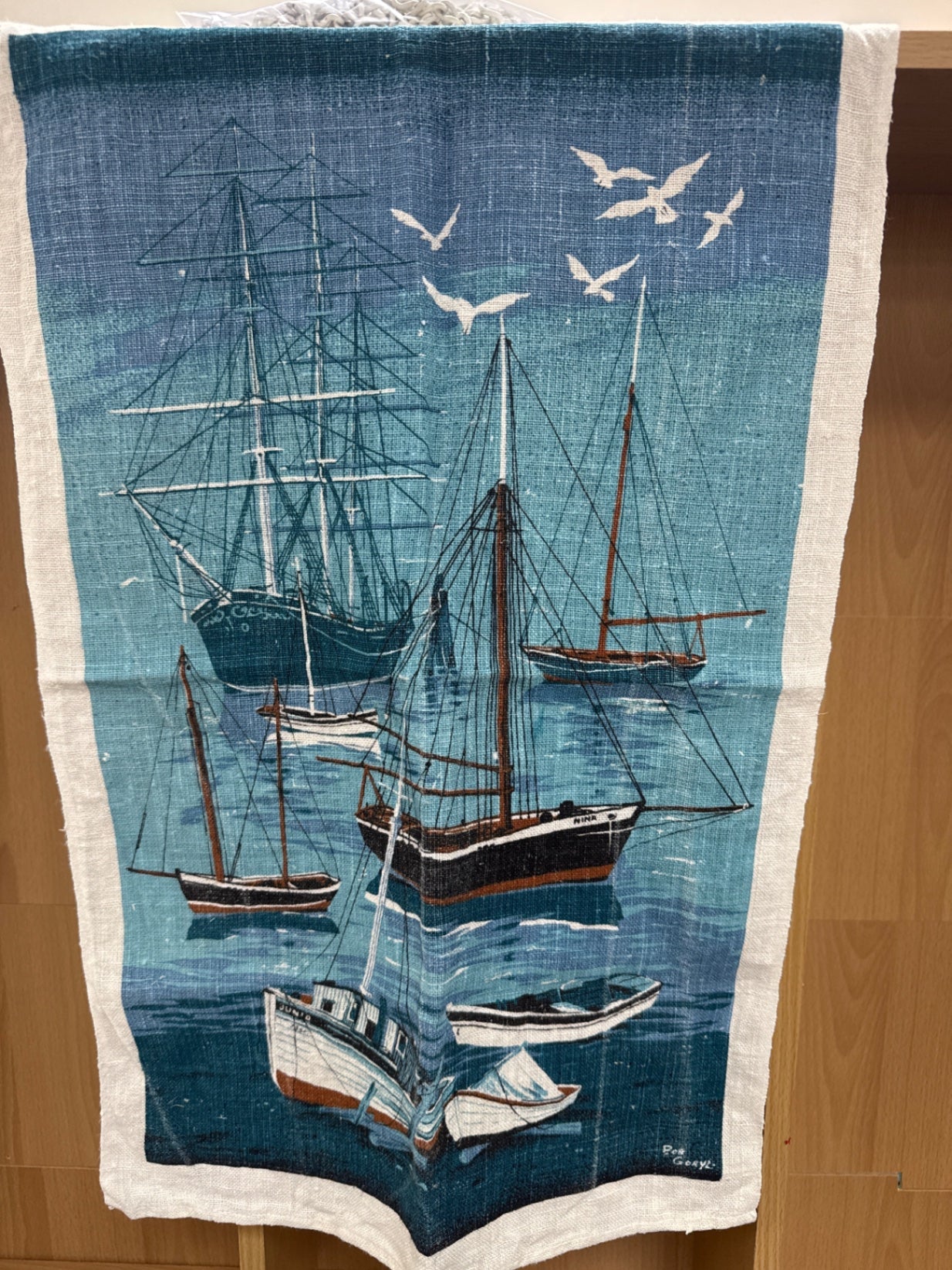 Vintage 100% linenSailboat tea towel