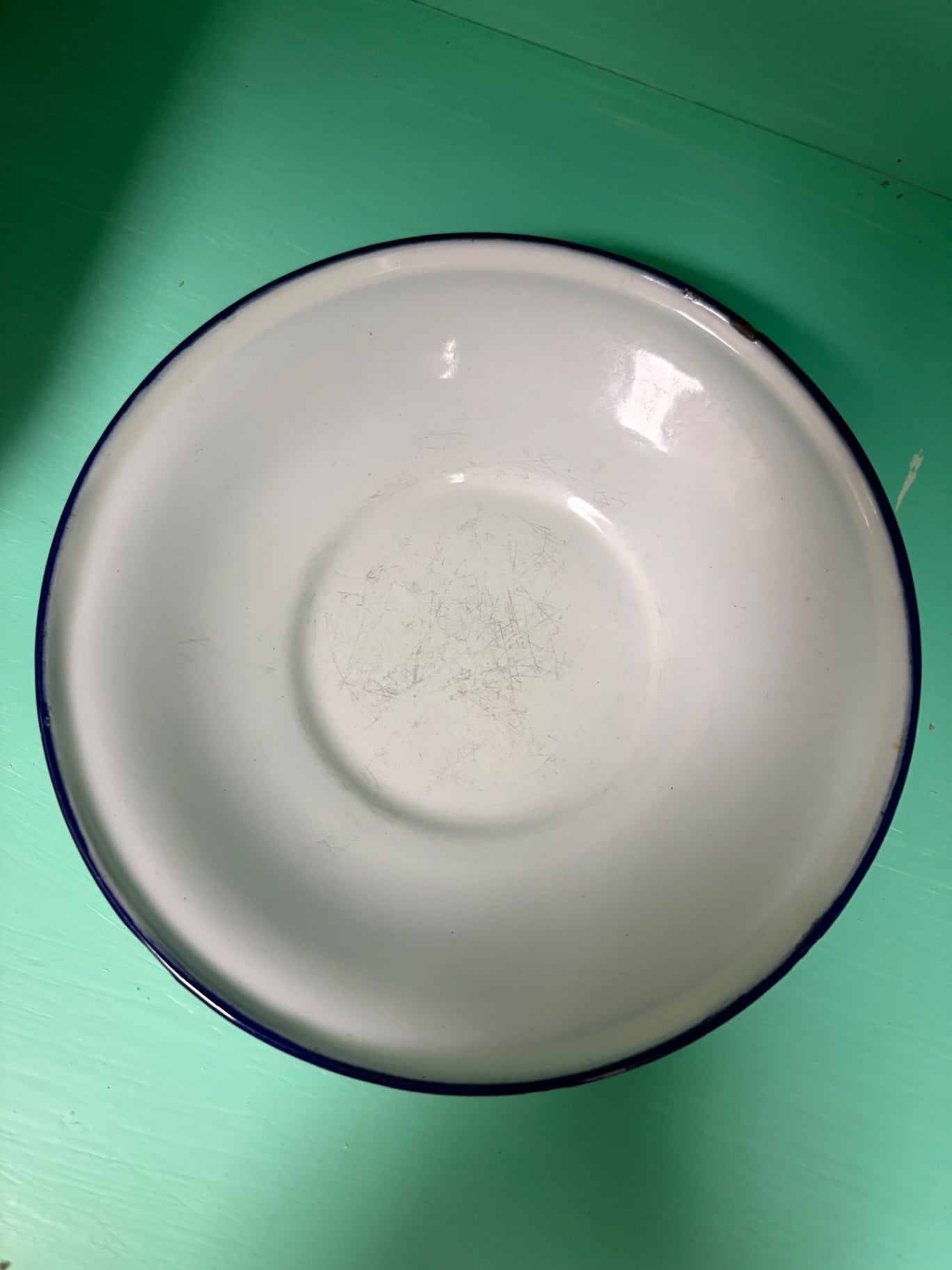 Swedish enamelware dish. 6” Vintage. White with blue trim