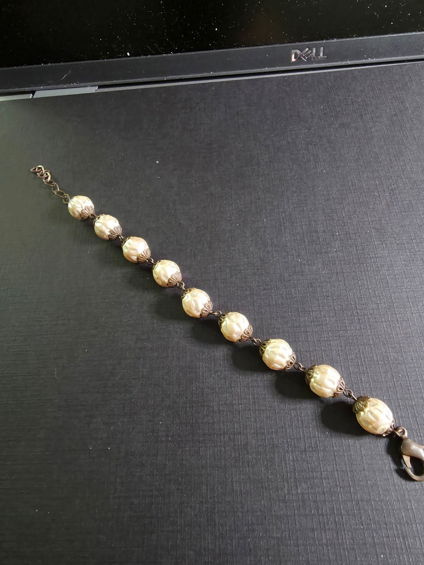 4B Brass bracelet w/vintage cream pearls