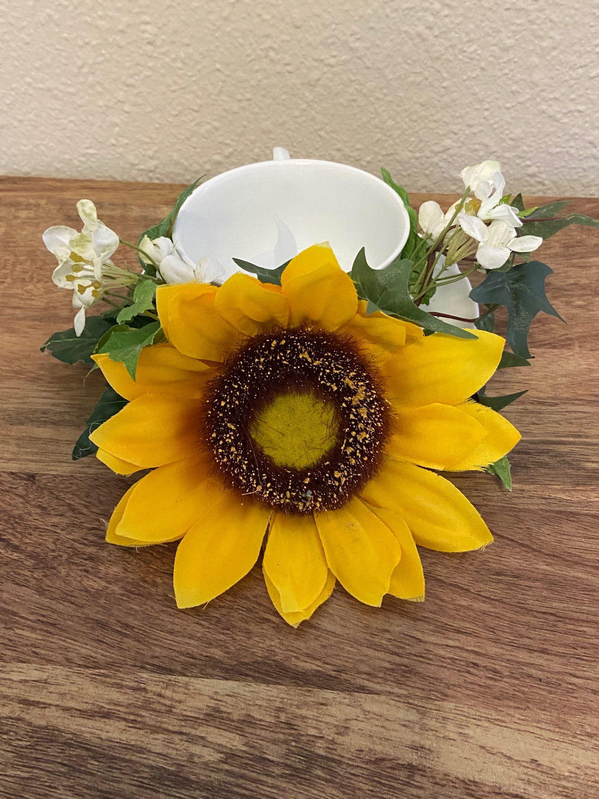 Teacup sunflower and white accent and candle 12