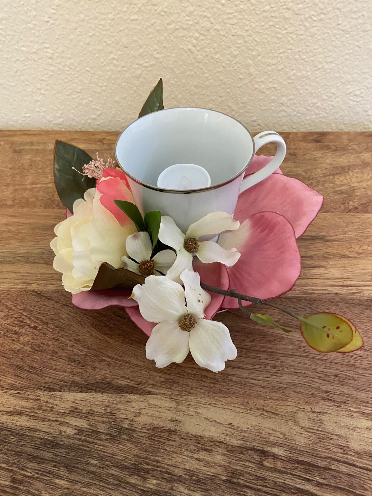 Teacup white Peony and petal base and candle 13