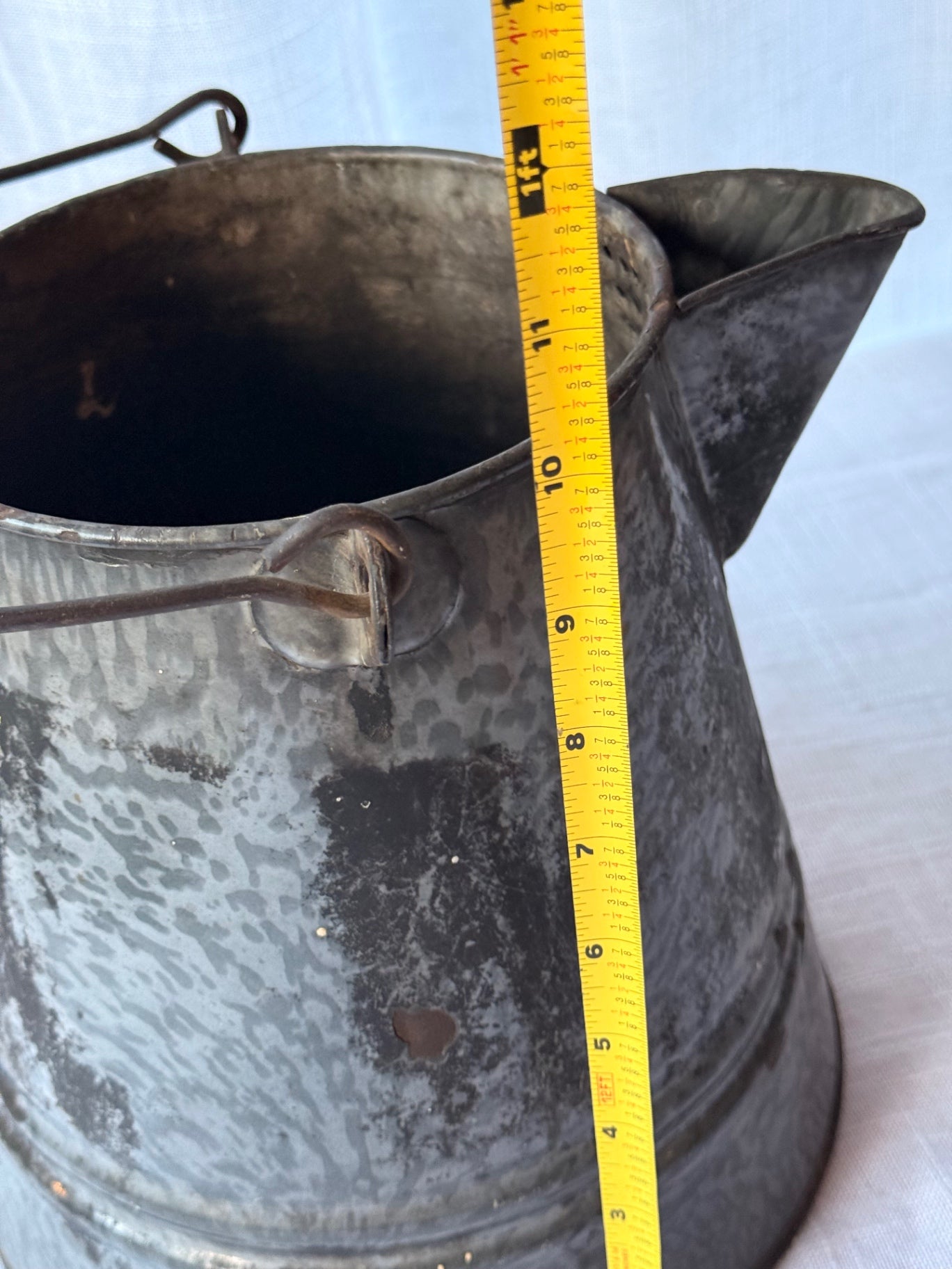 Vintage Mottled Gray Enamelware Pitcher / Syrup Kettle with Bail Handle