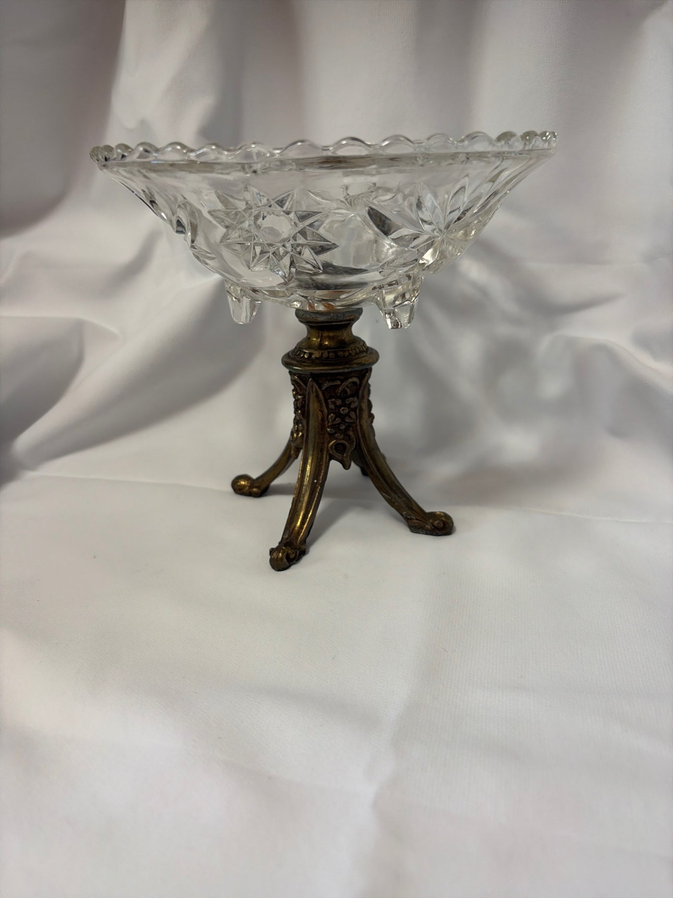 Anchor Hocking dish on a metal pedestal.
