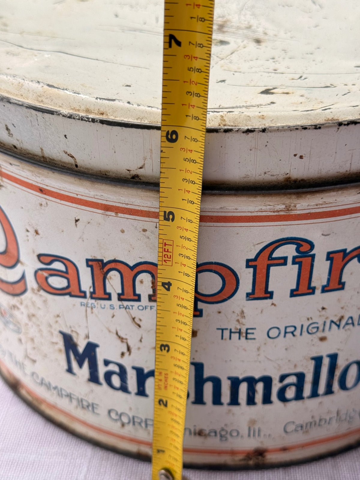 Vintage 1920s Campfire Marshmallows 5lb Tin Canister – Original 10” Antique Advertising