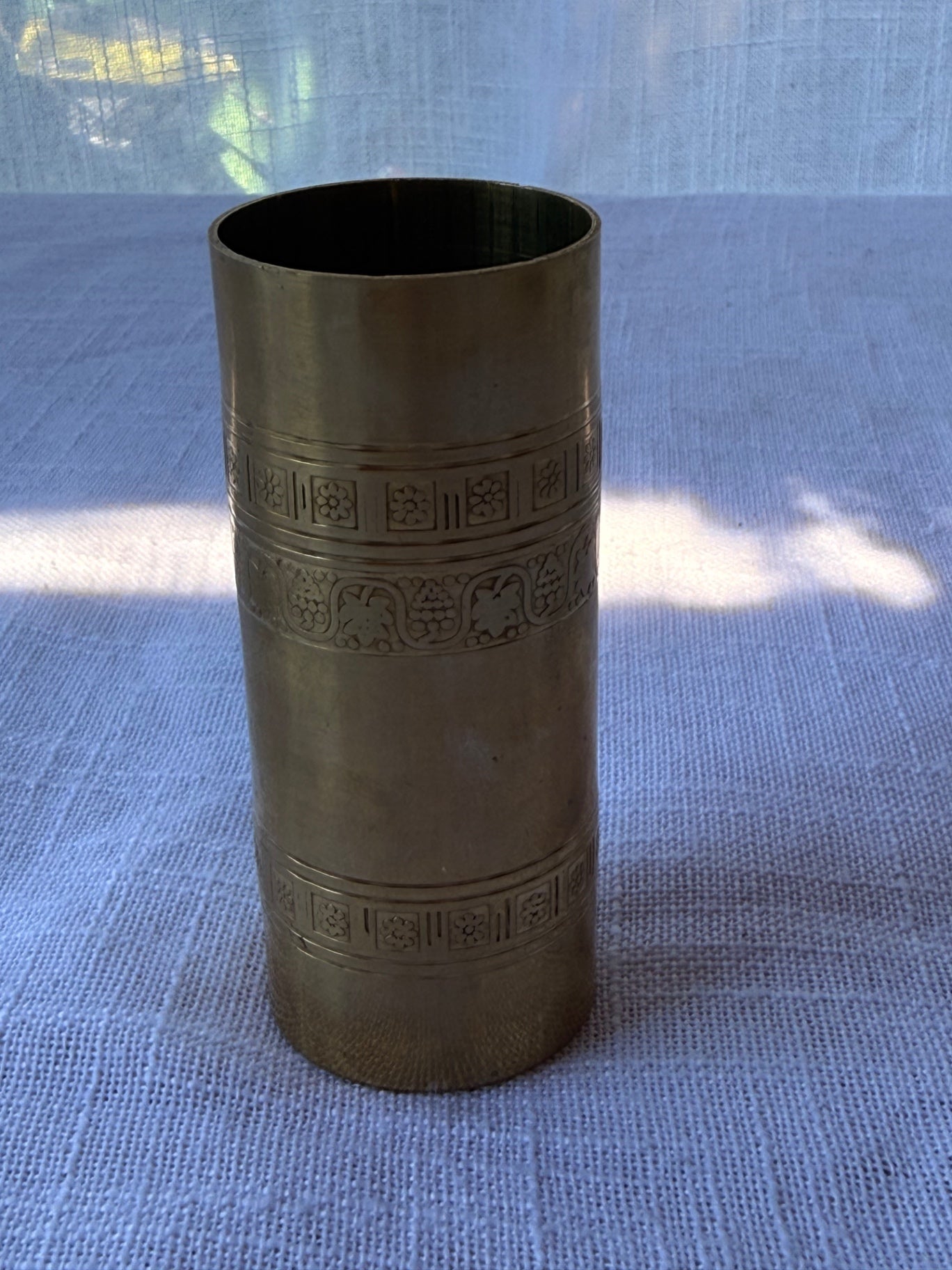 Vintage Solid Brass Etched Cylindrical Vessel / Tumbler Vase