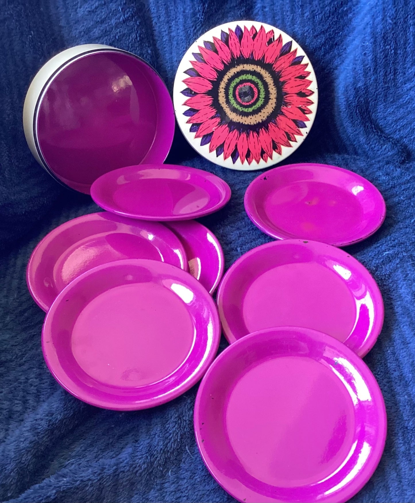 MCM purple coasters in colorful artistic case