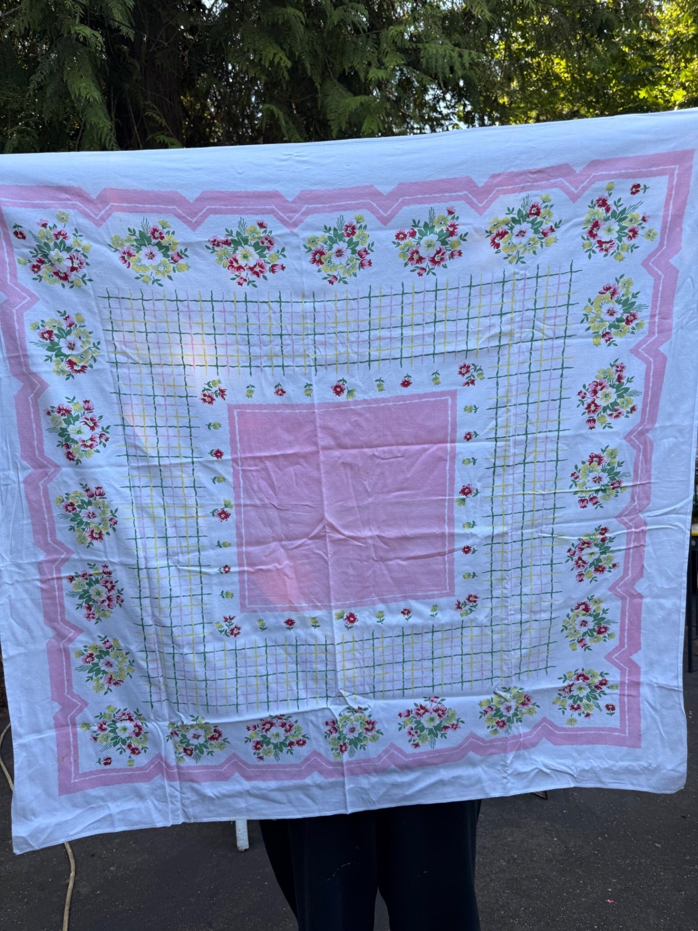 Vintage Mid-Century Floral Printed Tablecloth | Pink & Green Plaid Cottagecore Square Cloth