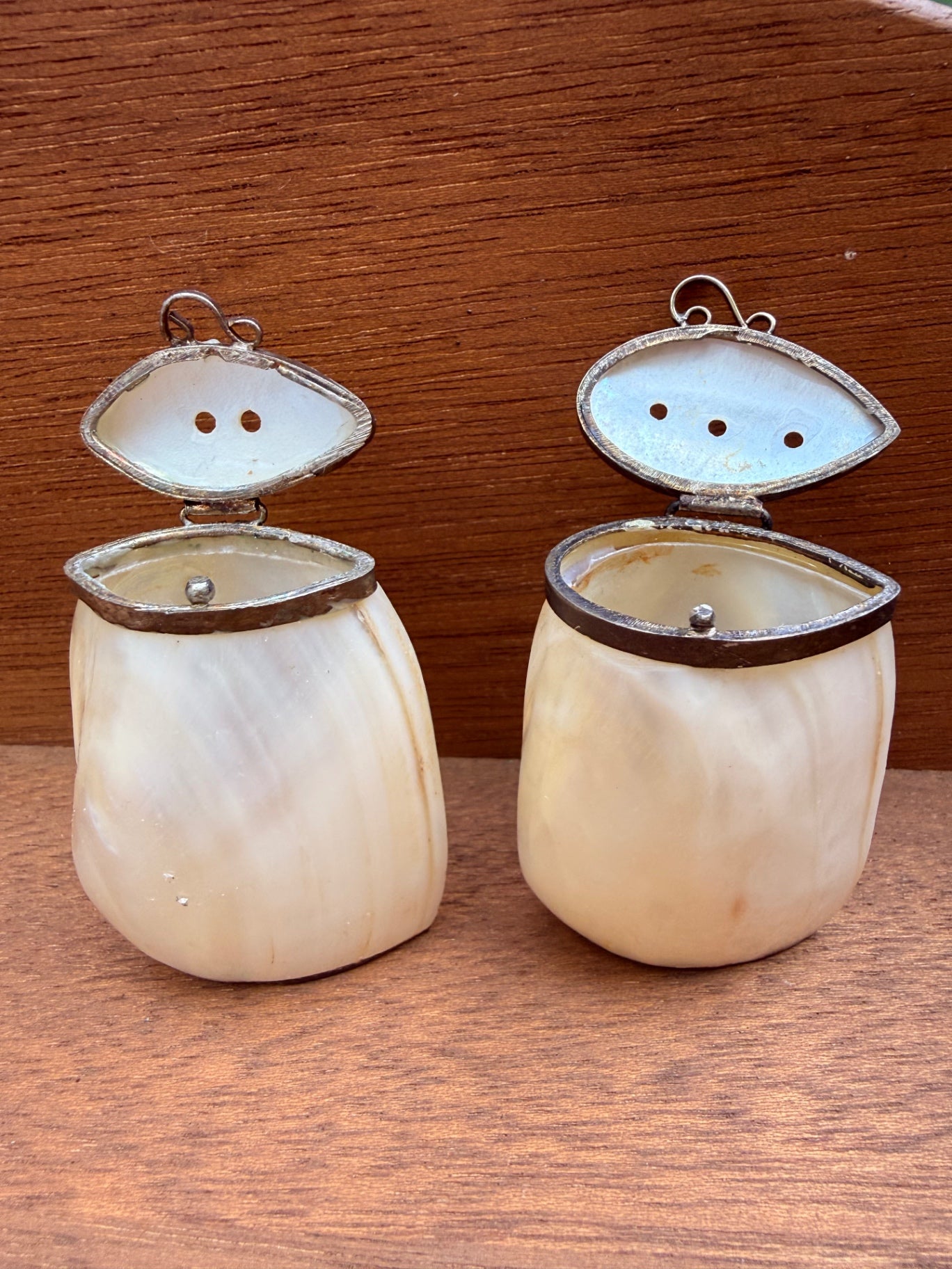 Vintage Mother of Pearl Shell Salt & Pepper Shakers | Hinged Metal Lids