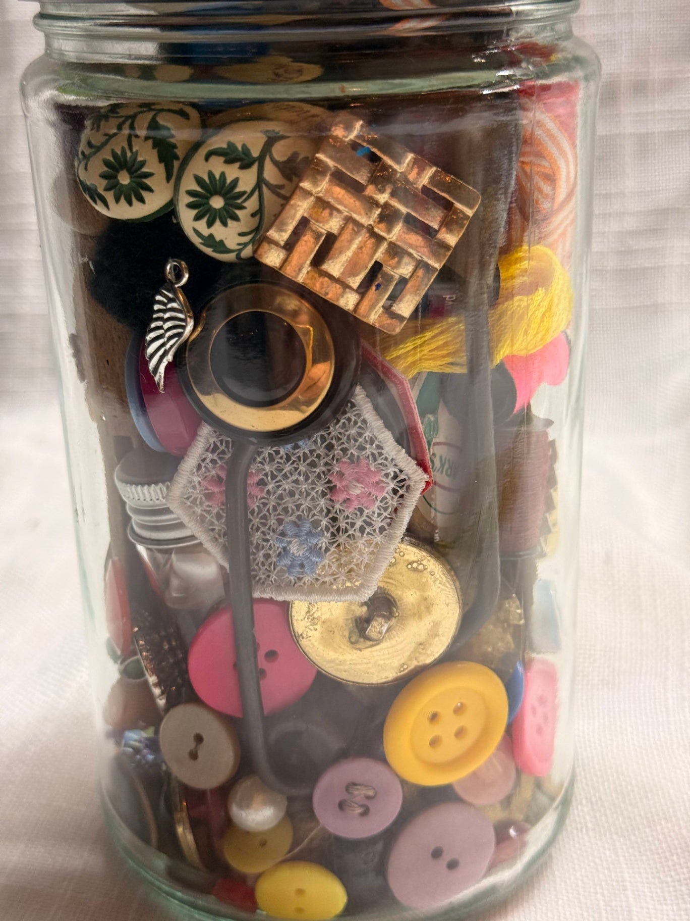 Vintage Curated Sewing Notions "Junk Jar" | Mixed Antique Buttons, Thread & Ribbon | Fabric Flower Topper