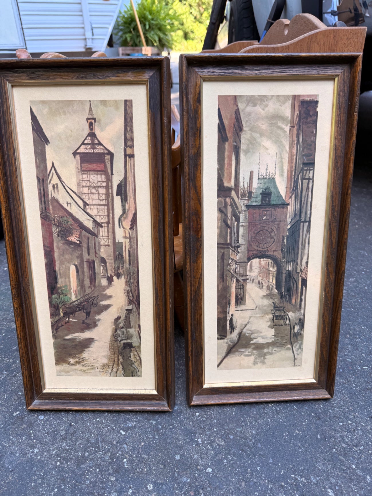 Pair of Vintage Framed European Street Scene Prints | Architectural Watercolor Art