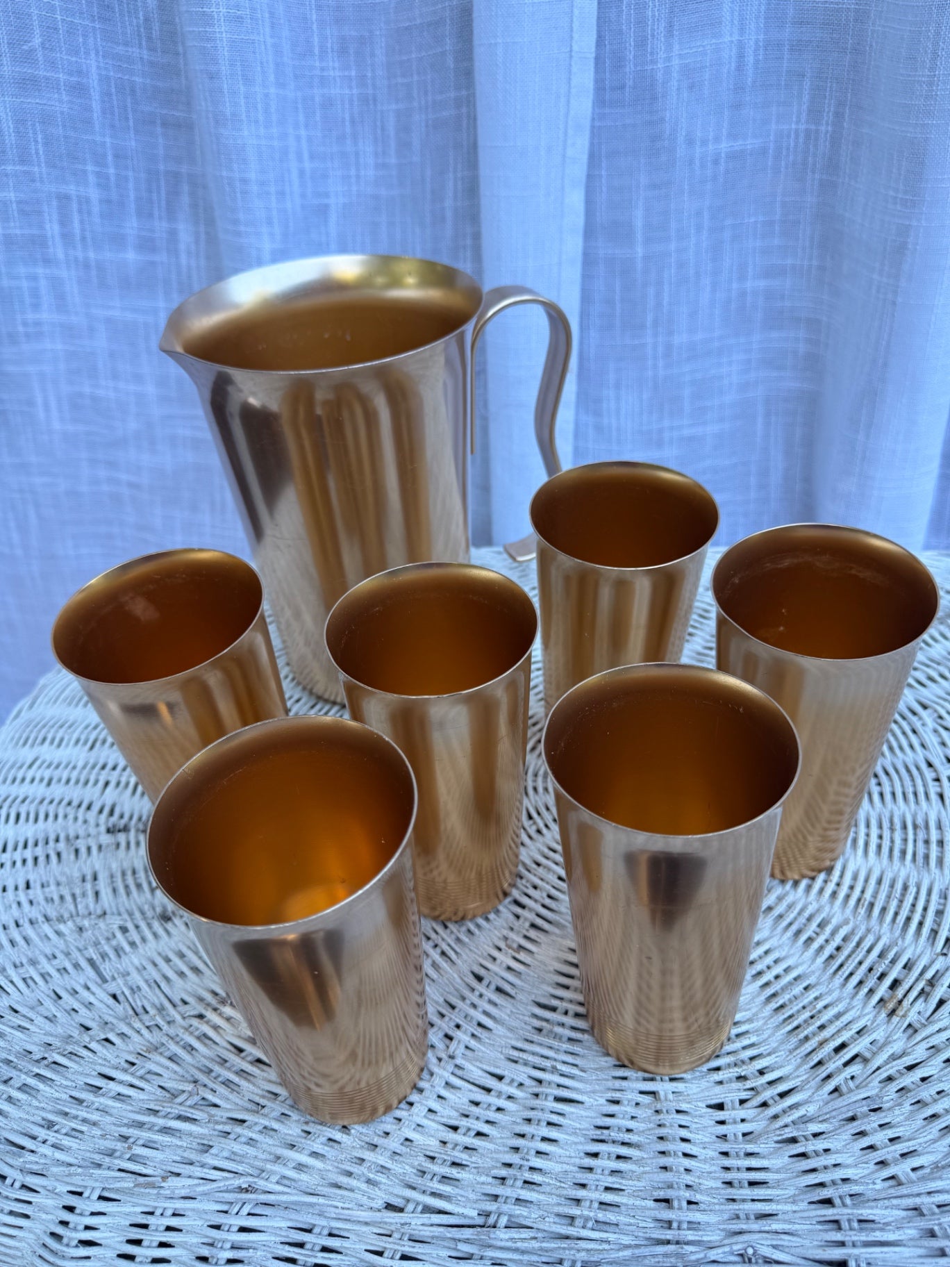 Vintage Brass Tone Pitcher & Tumbler Set | Retro Metal Barware Drink Set