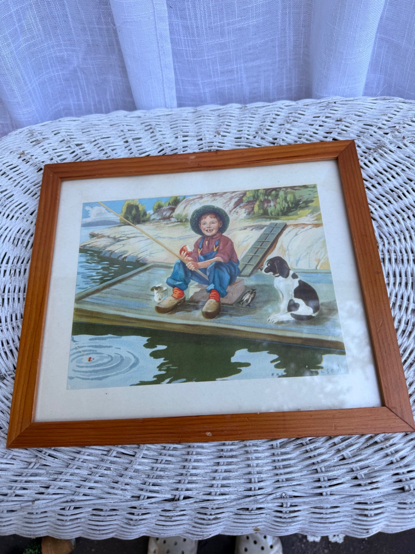 Vintage Framed Americana Print | Boy Fishing with Dog on Dock Illustration