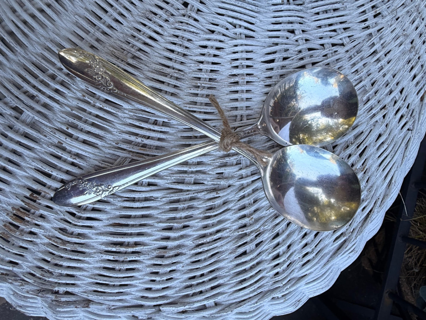 Pair of Vintage Silverplated Serving Spoons | Floral Motif Flatware Set Tied with Jute