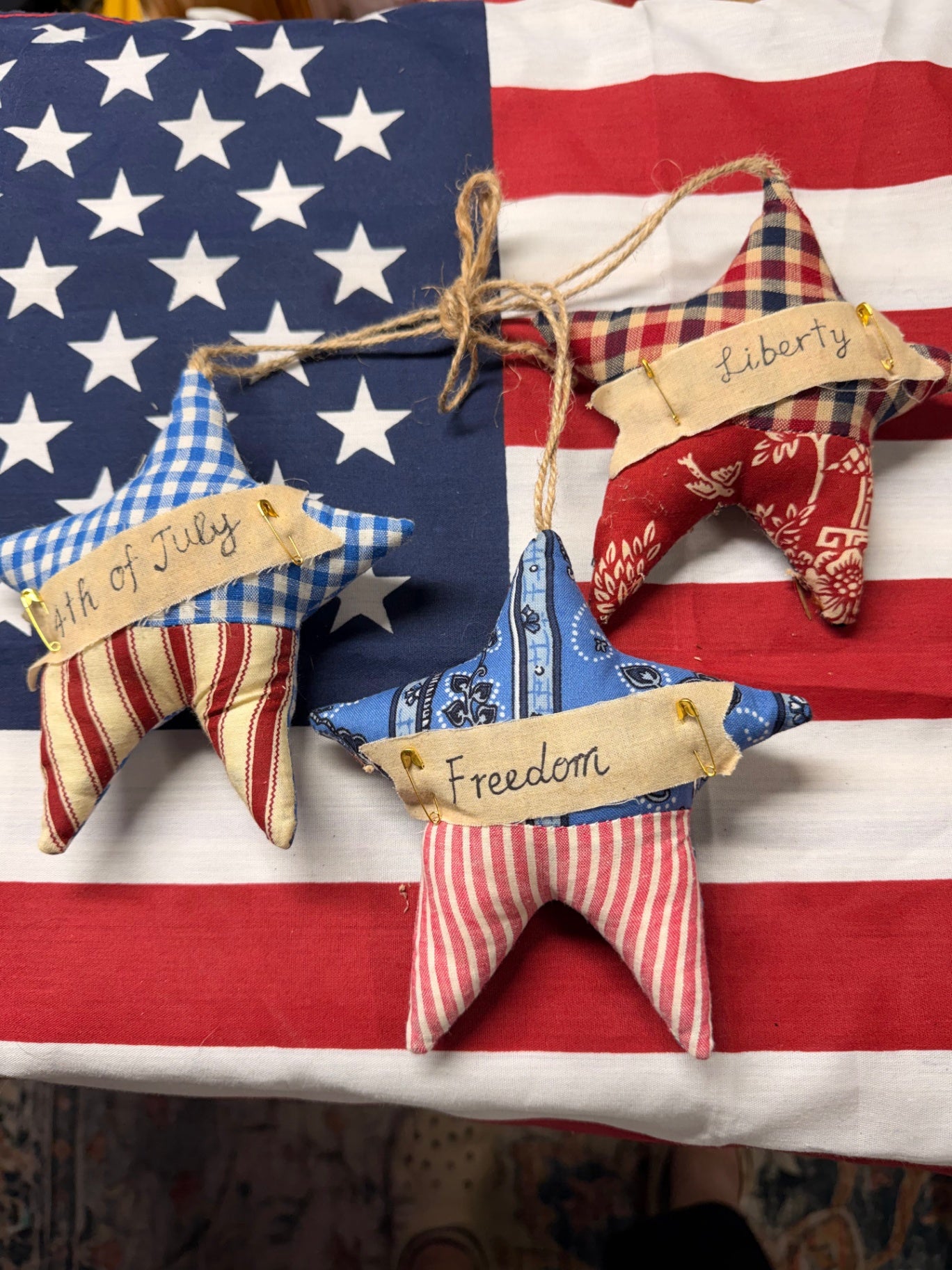 Set of 3 Handmade Primitive Patriotic Fabric Stars | Americana Stuffed Hanging Ornaments