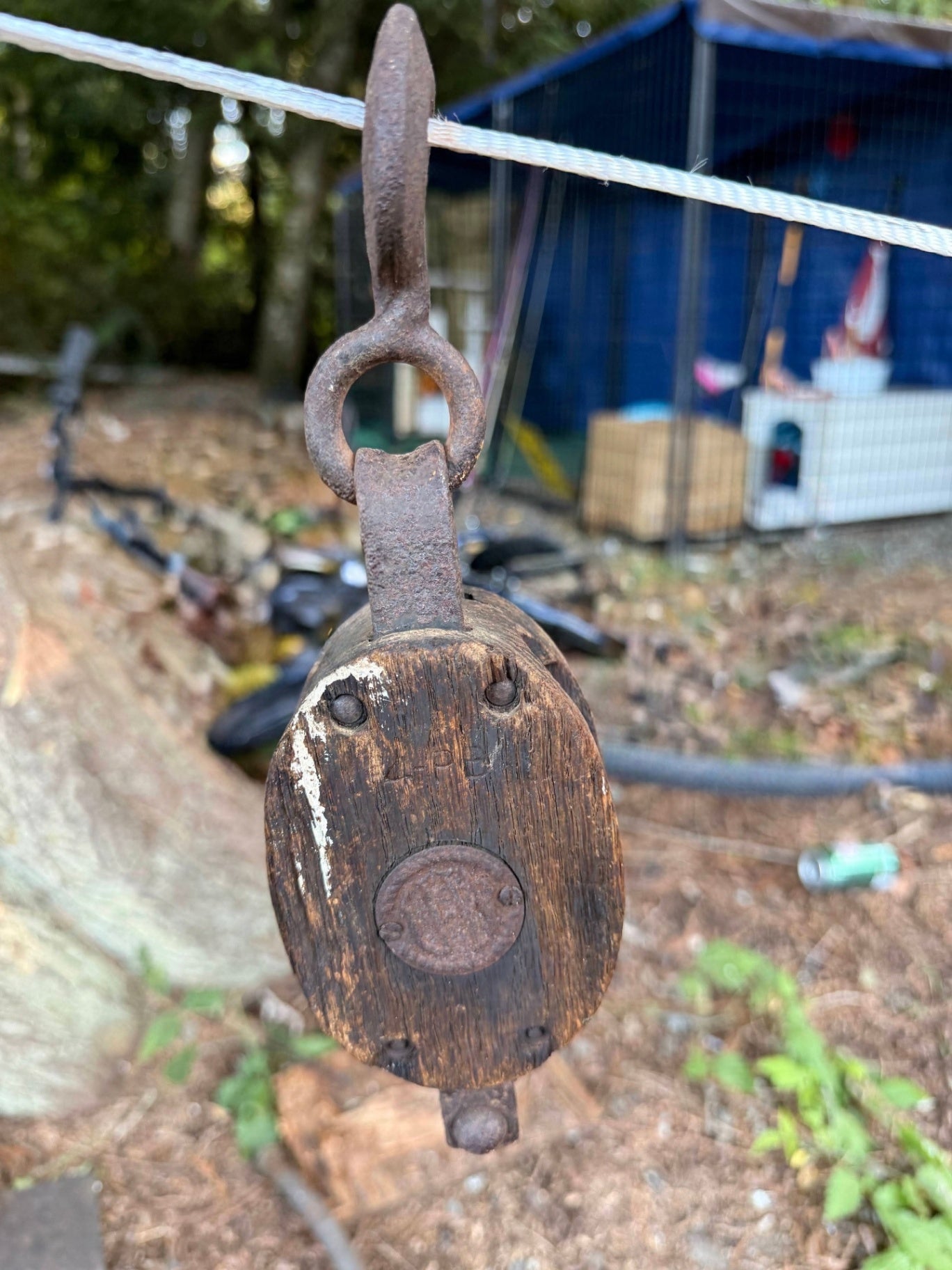 Antique Wooden & Forged Iron Pulley | Rustic Nautical Block and Tackle