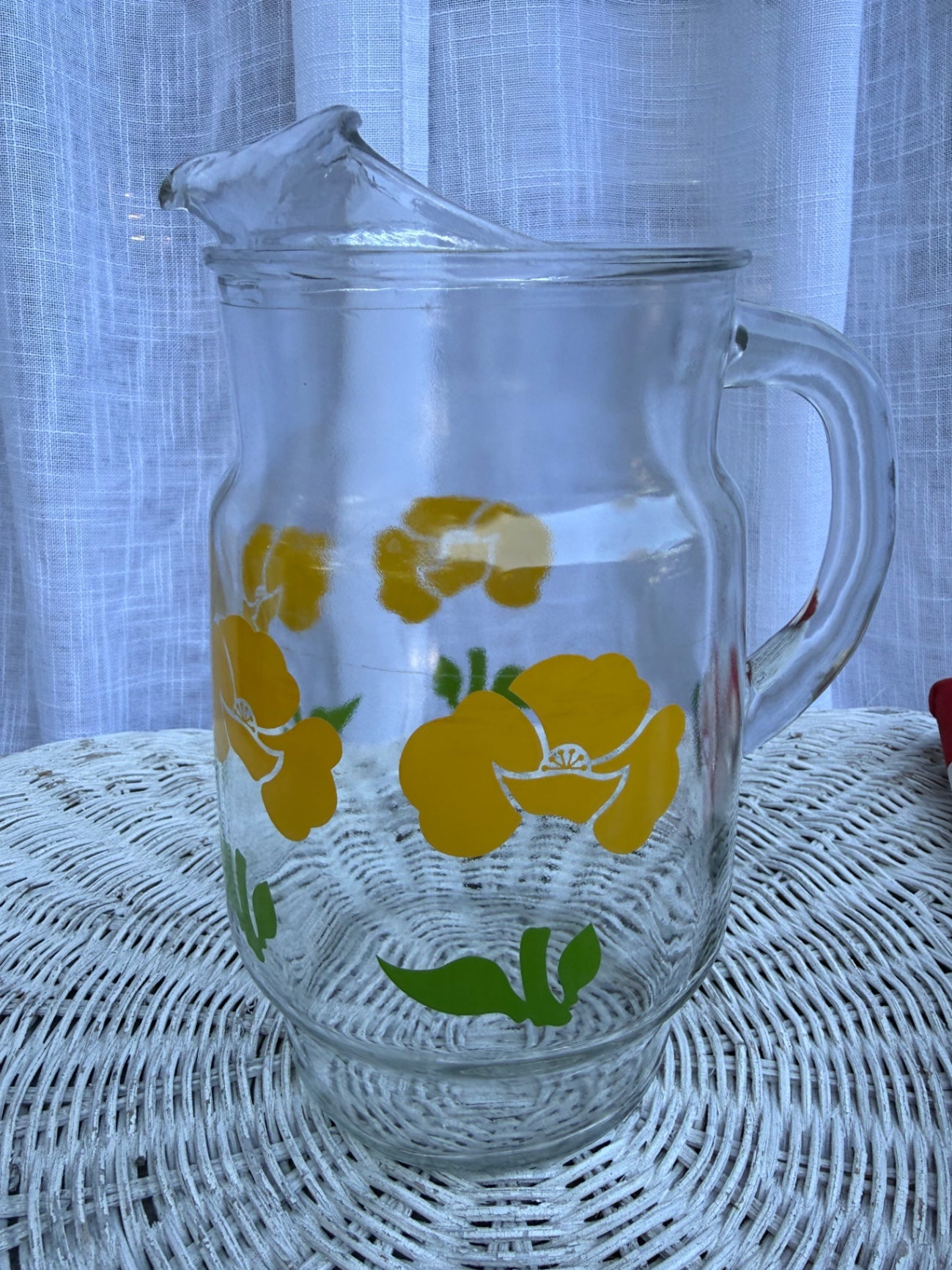 Vintage Clear Glass Pitcher with Yellow Floral Pattern | Retro 1970s Ice Lip Jug