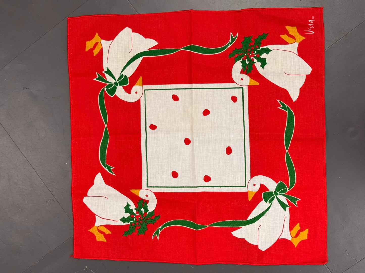 Vintage Signed Vera Neumann Christmas Geese Cloth | Red Holiday Napkin & Square Scarf
