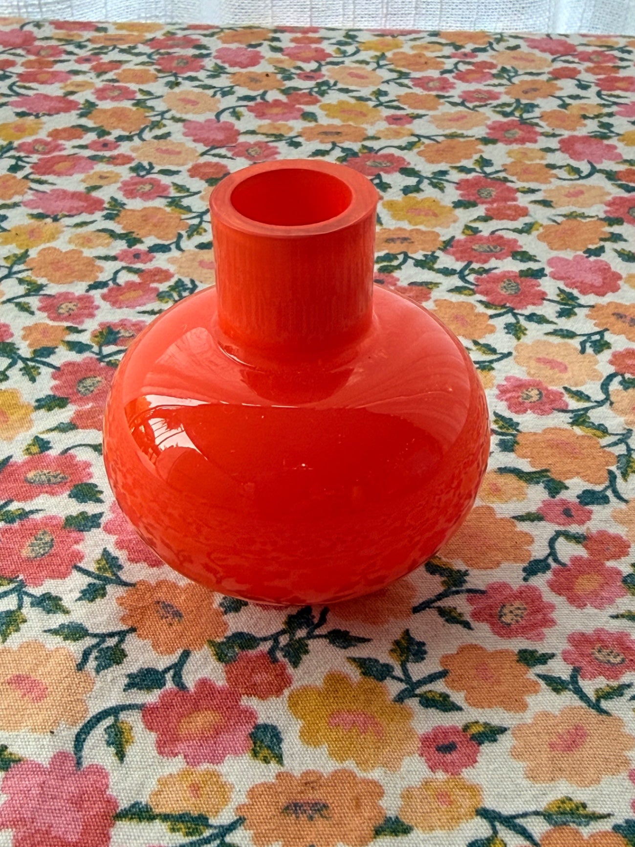 Small Vintage Orange-Red Round Art Glass Vase | Mid-Century Desktop Bud Vase