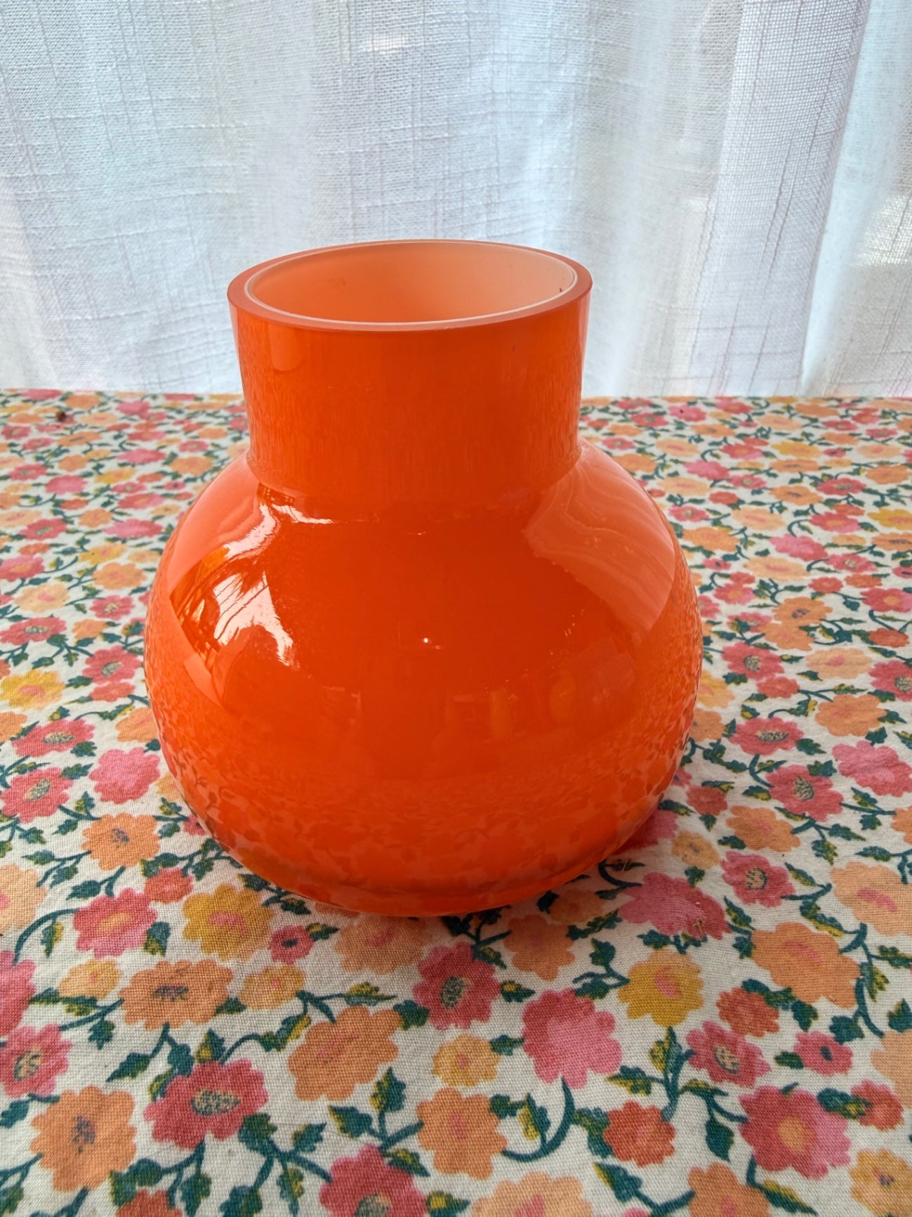 Vintage Bright Orange-Red Globular Art Glass Vase | Retro Short Bottle Neck Vase