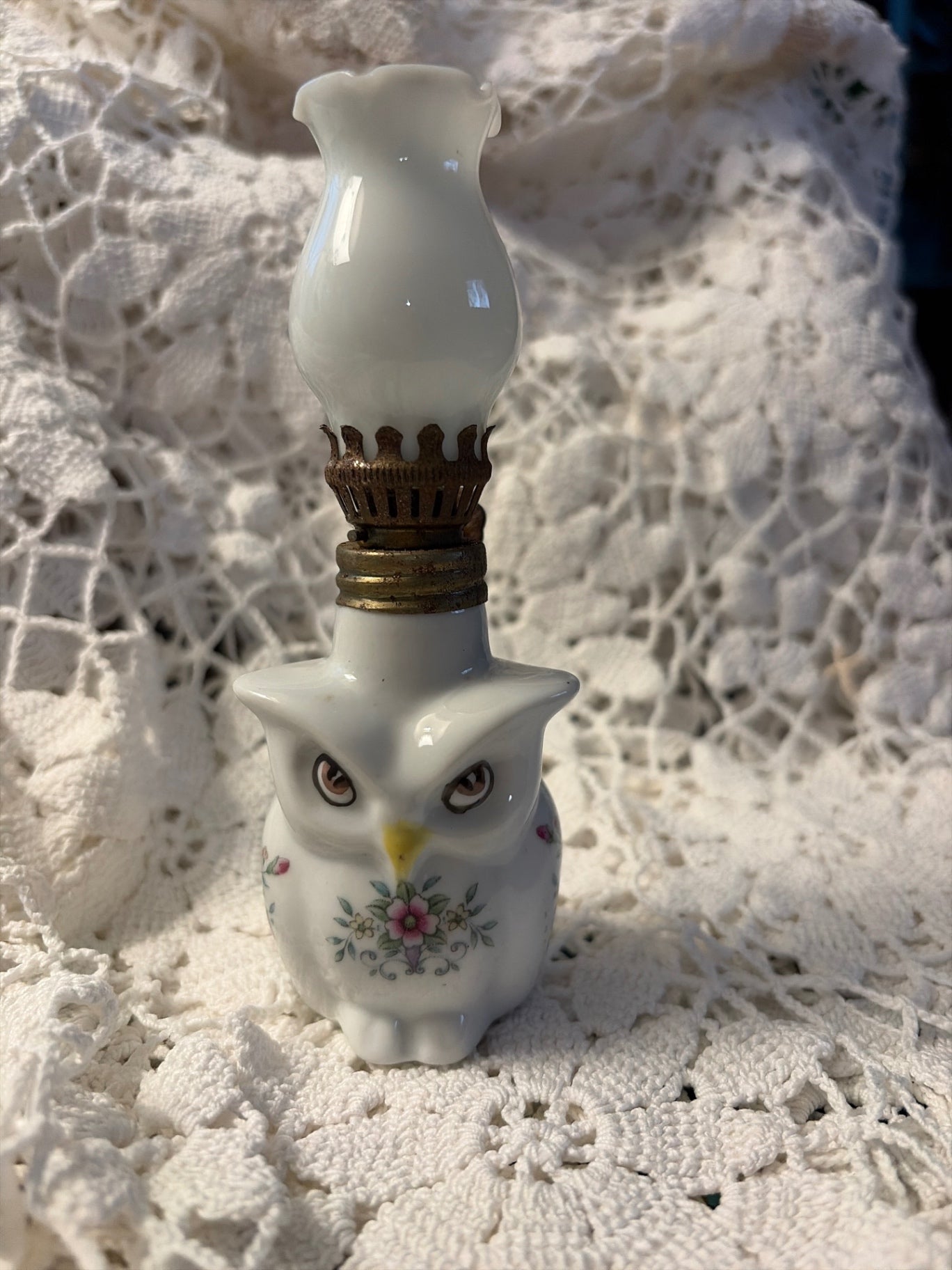 Mini 5 1/2” porcelain hand painted owl oil lamp