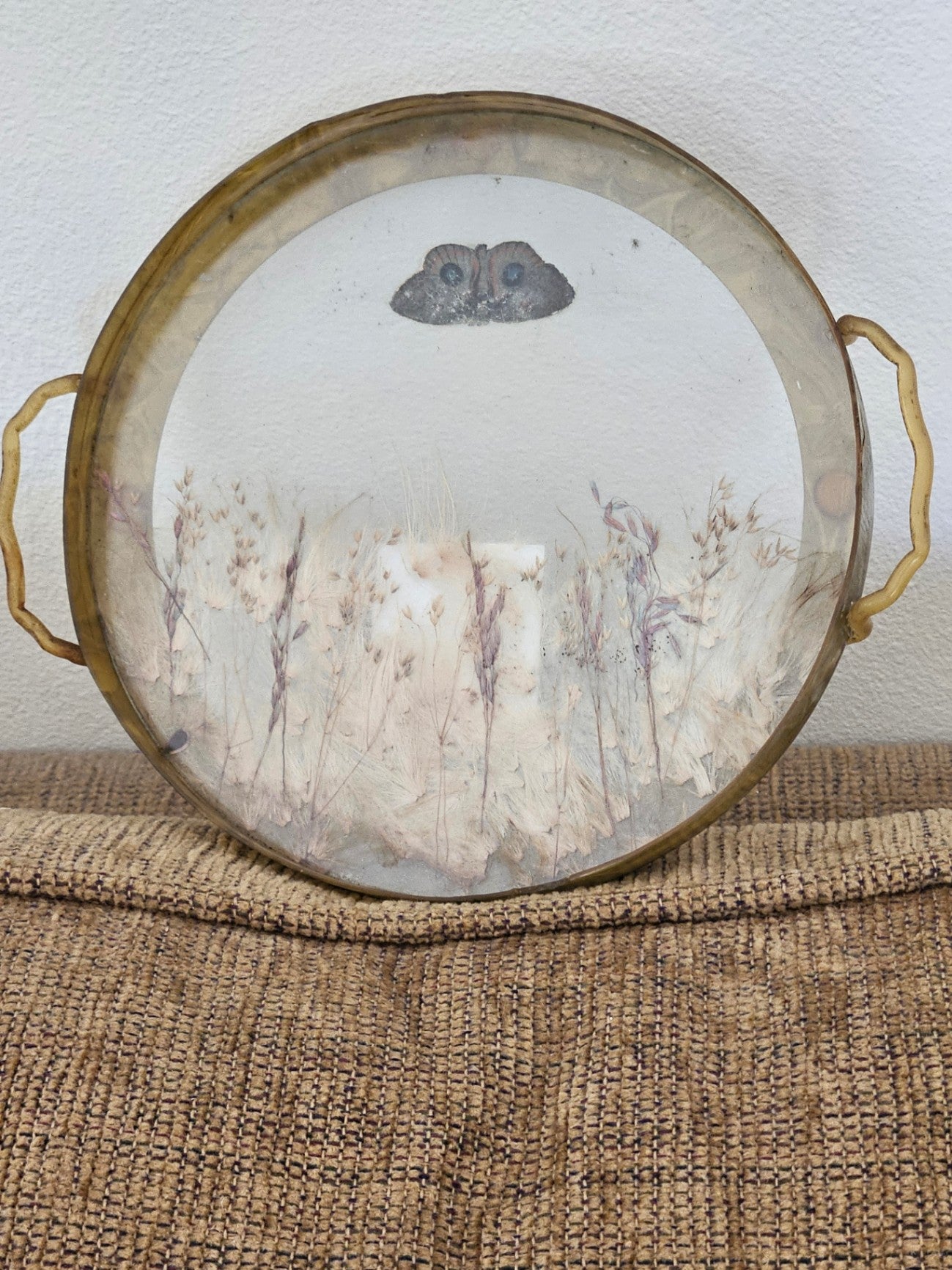 Ant/vint small round celluloid and glass tray with flowers