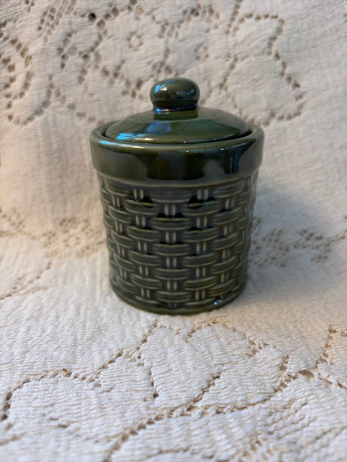 3” Green lidded canister/jar weave design