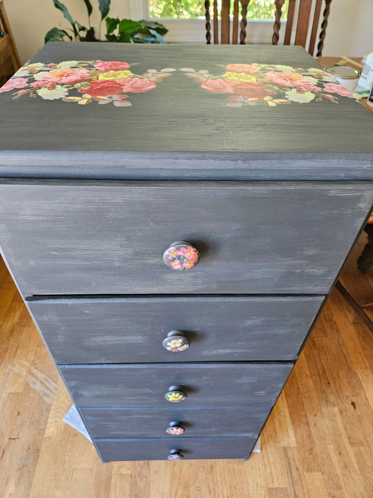 Vintage black painted 5 drawer w/floral deco approx 4 ft high