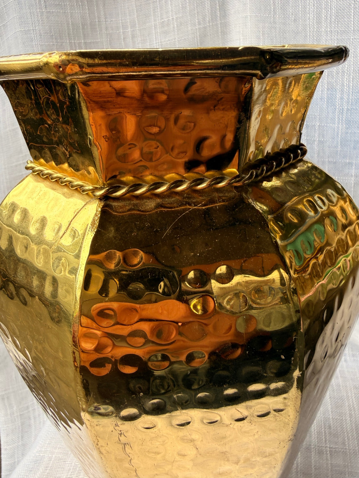 Vintage Hammered Brass Octagonal Vase | 1970s-1980s Made in India Faceted Urn w/ Rope Detail