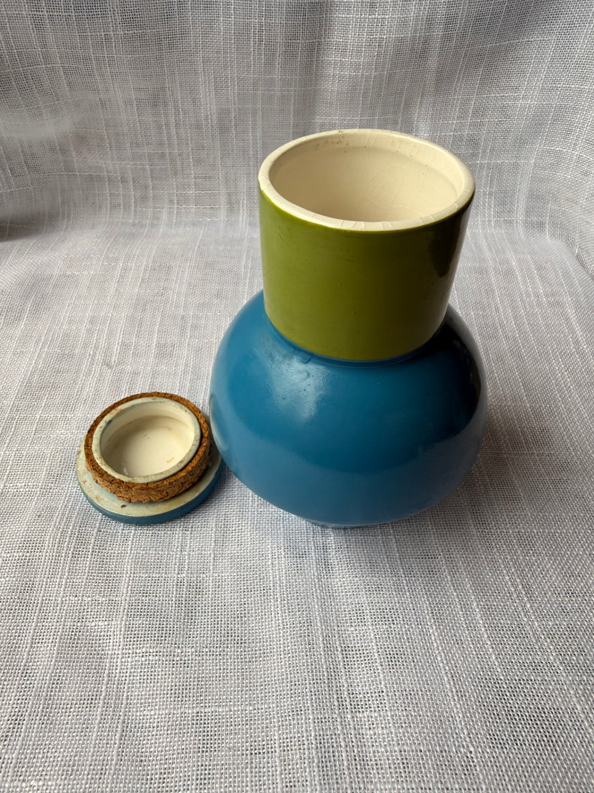 Mid-Century Modern Color-Block Ceramic Canister | Blue & Green Cork-Lidded Storage Jar